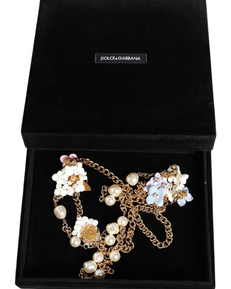 Dolce & Gabbana Chain Brass Floral Layered Crystal Pearl Gold Necklace Glam Steals