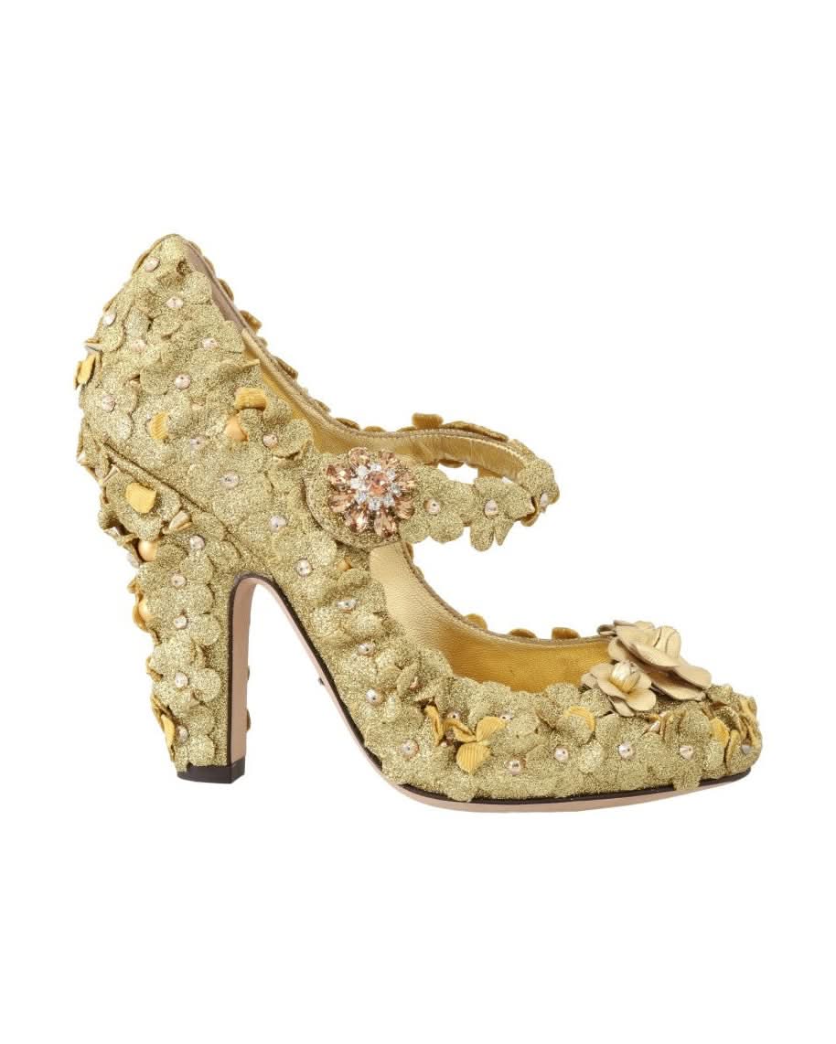 Dolce & Gabbana Gold Floral Crystal Mary Janes Pumps Heels