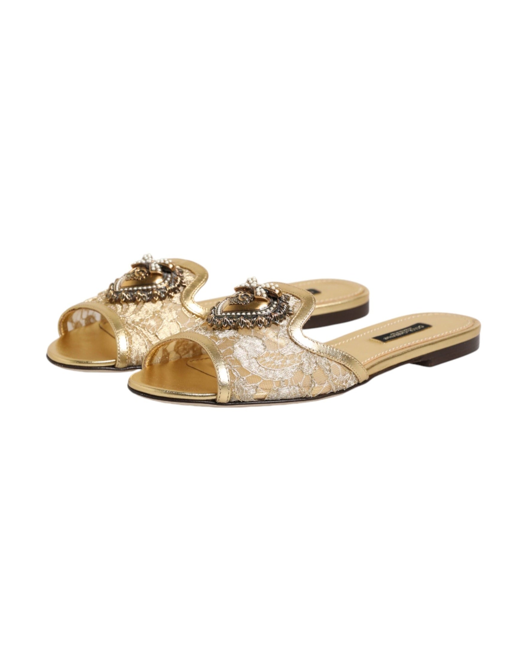Dolce & Gabbana Gold Lace Devotion Flats Slip On Sandals Shoes Glam Steals
