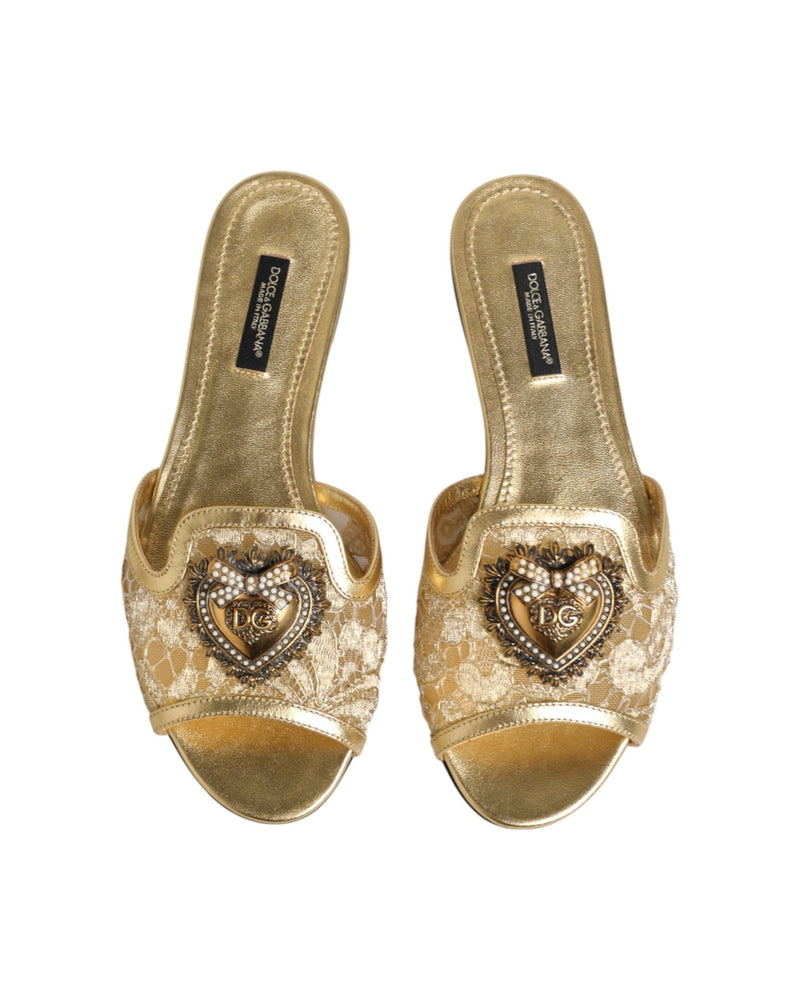 Dolce & Gabbana Gold Lace Devotion Flats Slip On Sandals Shoes Glam Steals