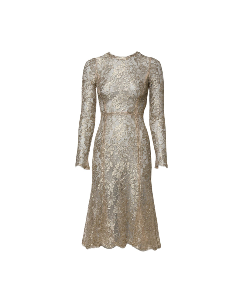 Dolce & Gabbana Gold Lace Floral Long Sleeves Fit Flare Dress Glam Steals