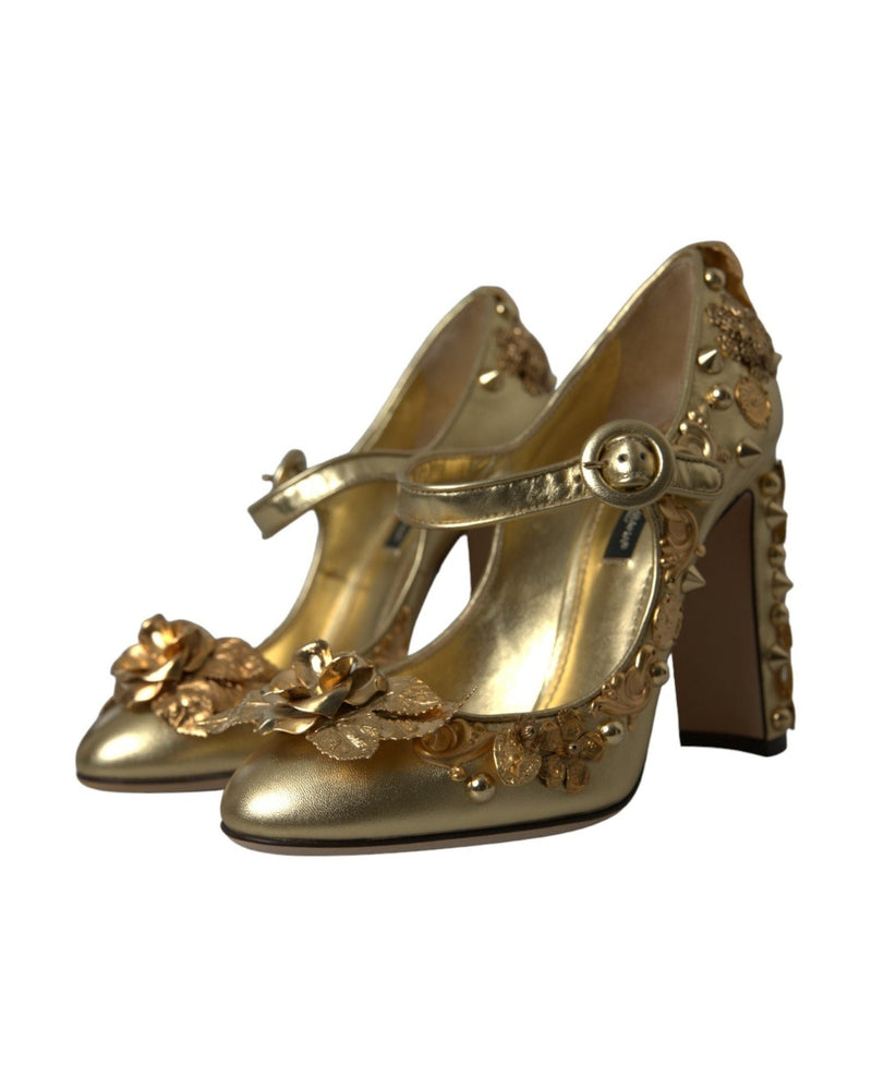 Dolce & Gabbana Gold Leather Crystal Mary Janes Pumps Shoes Heels