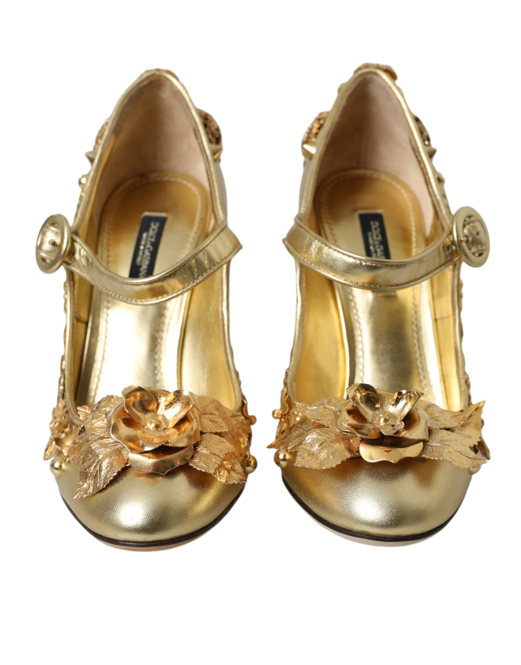 Dolce & Gabbana Gold Leather Crystal Mary Janes Pumps Shoes Glam Steals