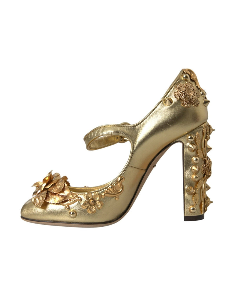 Dolce & Gabbana Gold Leather Crystal Mary Janes Pumps Shoes Glam Steals