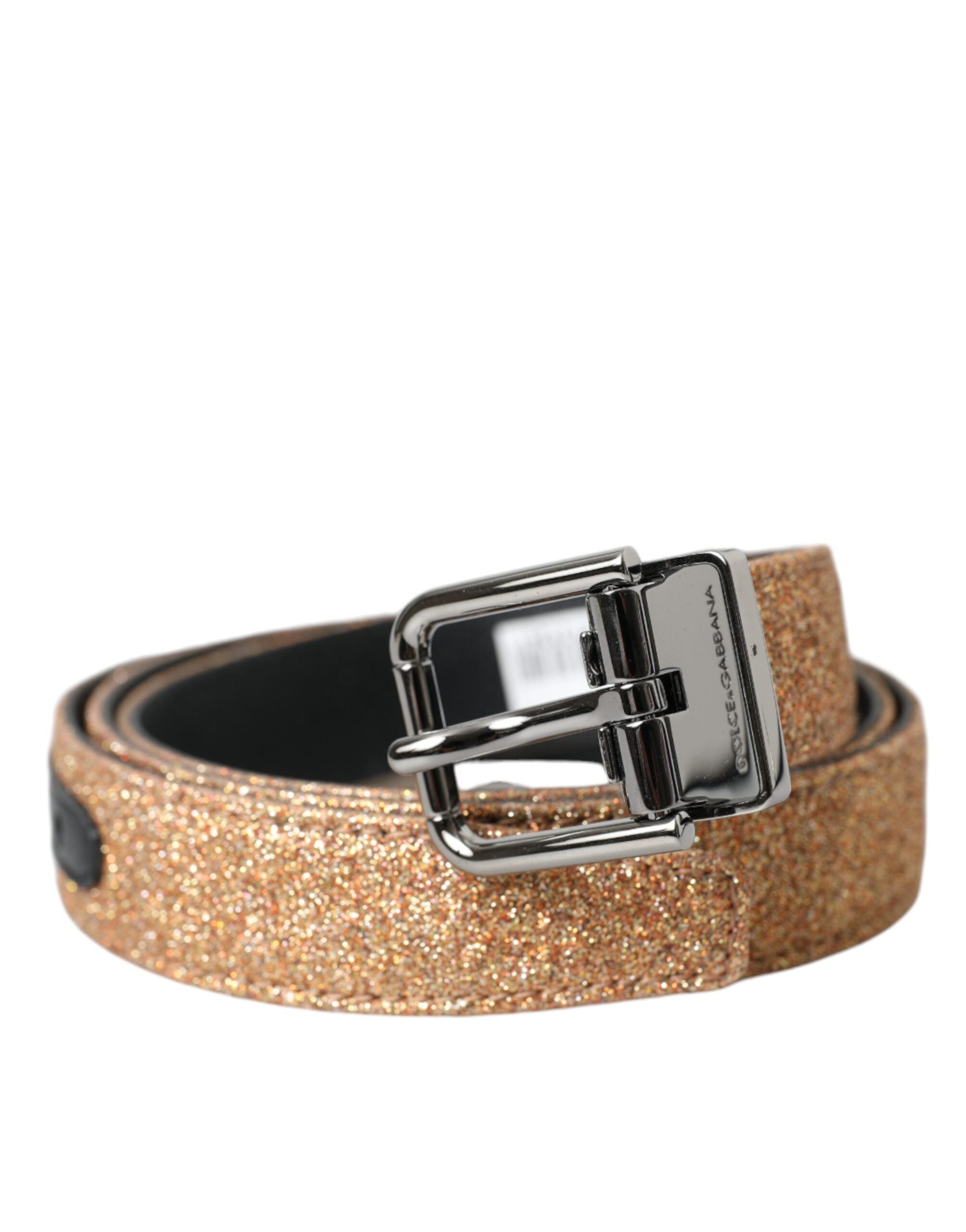 Dolce & Gabbana Gold Leather Glitter Silver Metal Buckle Belt Glam Steals