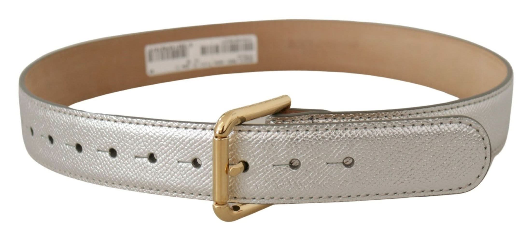 Dolce & Gabbana Gold Leather Silver Tone Logo Metal Waist Buckle Belt Belts