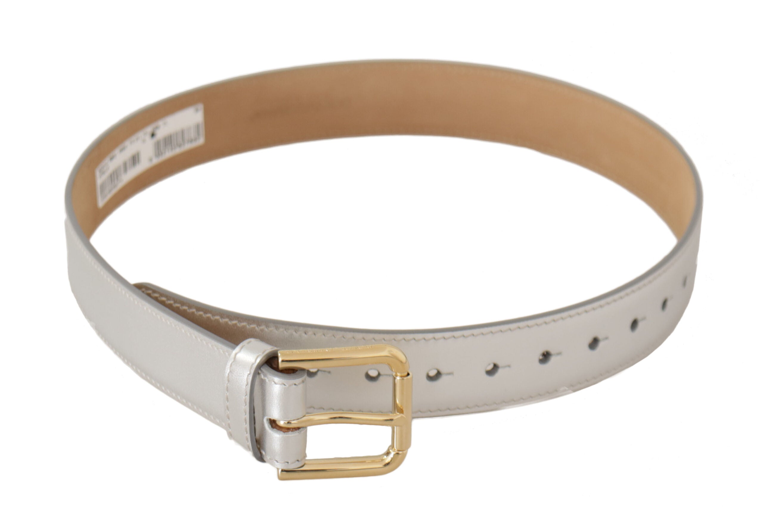 Dolce & Gabbana Gold Leather Silver Tone Logo Metal Buckle Belt Glam Steals