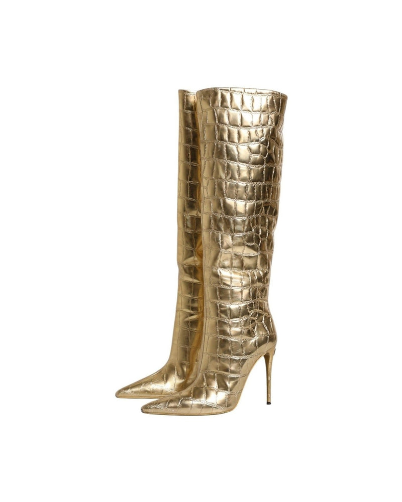 Dolce & Gabbana Gold Leather Stiletto Heels High Boots Shoes Glam Steals