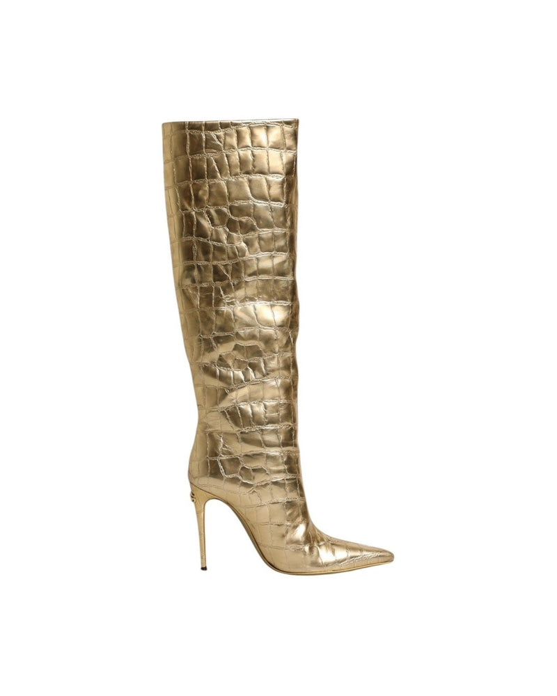 Dolce & Gabbana Gold Leather Stiletto Heels High Boots Shoes Glam Steals