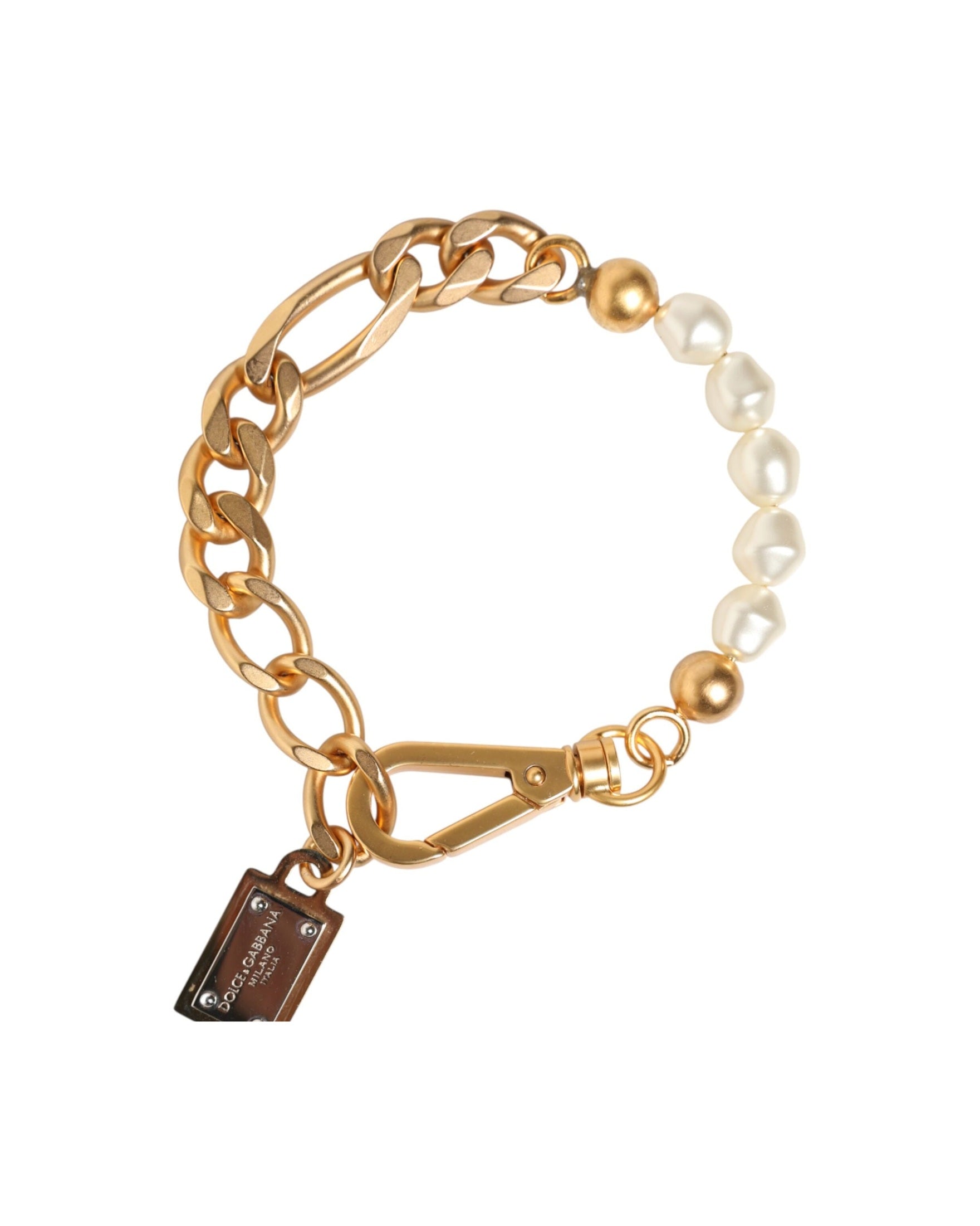 Dolce & Gabbana Gold Tone Brass Faux Pearl Logo Embellish Charm Bracelet Glam Steals