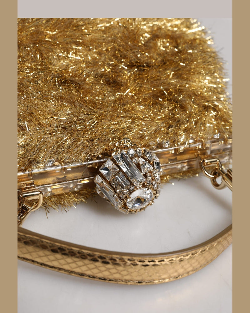 Dolce & Gabbana Gold Vanda Chain Strap Tinsel Crystal Evening Clutch Bag Glam Steals