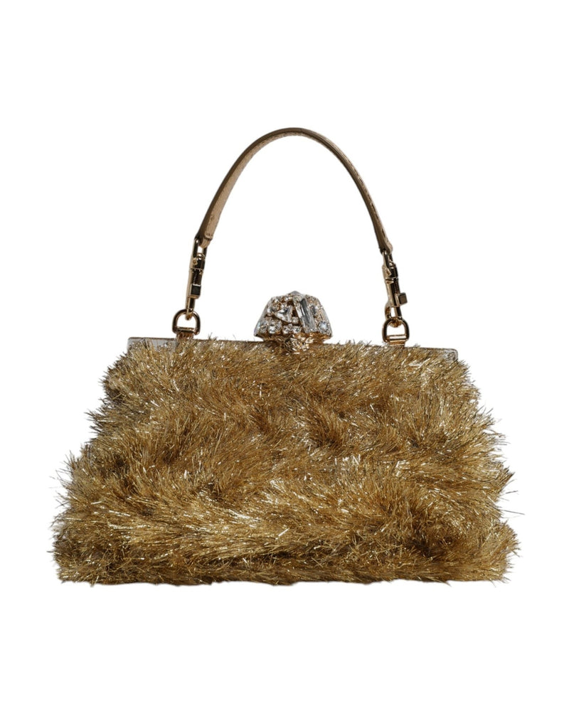 Dolce & Gabbana Gold Vanda Chain Strap Tinsel Crystal Evening Clutch Bag Glam Steals