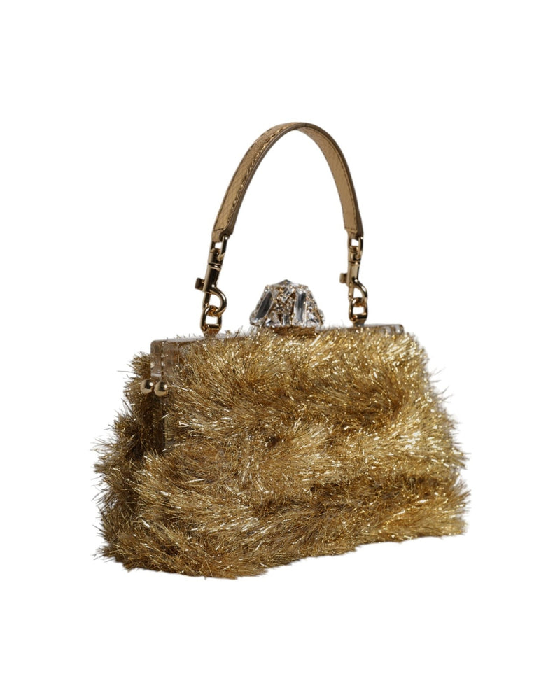 Dolce & Gabbana Gold Vanda Chain Strap Tinsel Crystal Evening Clutch Bag Glam Steals