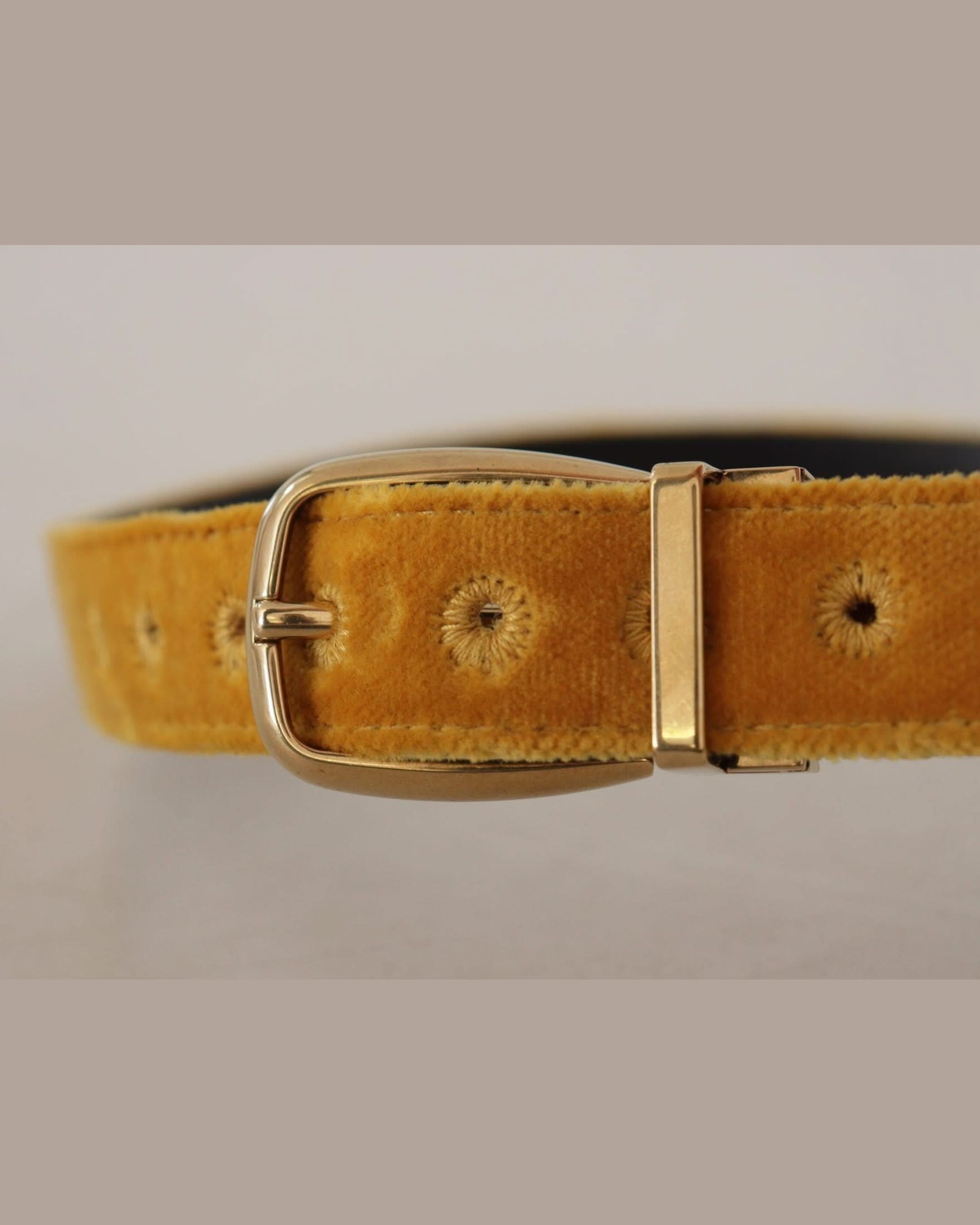 Dolce & Gabbana Gold Velvet Mustard Logo Engraved Metal Buckle Belt Belts