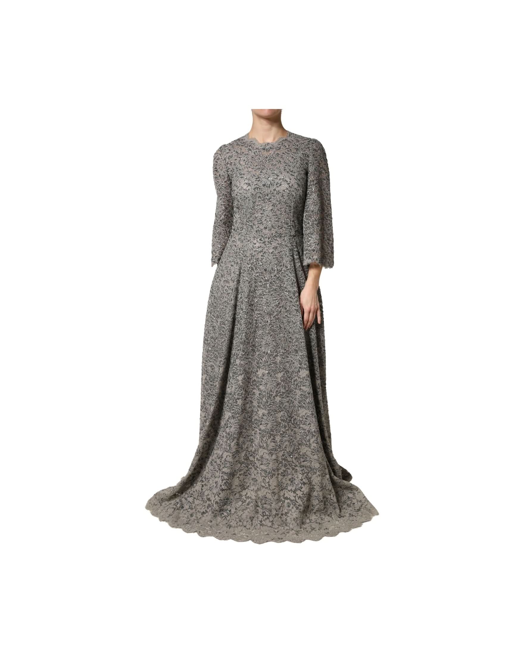 Dolce & Gabbana Gray Lace Long Sleeves Cotton Maxi Dress 