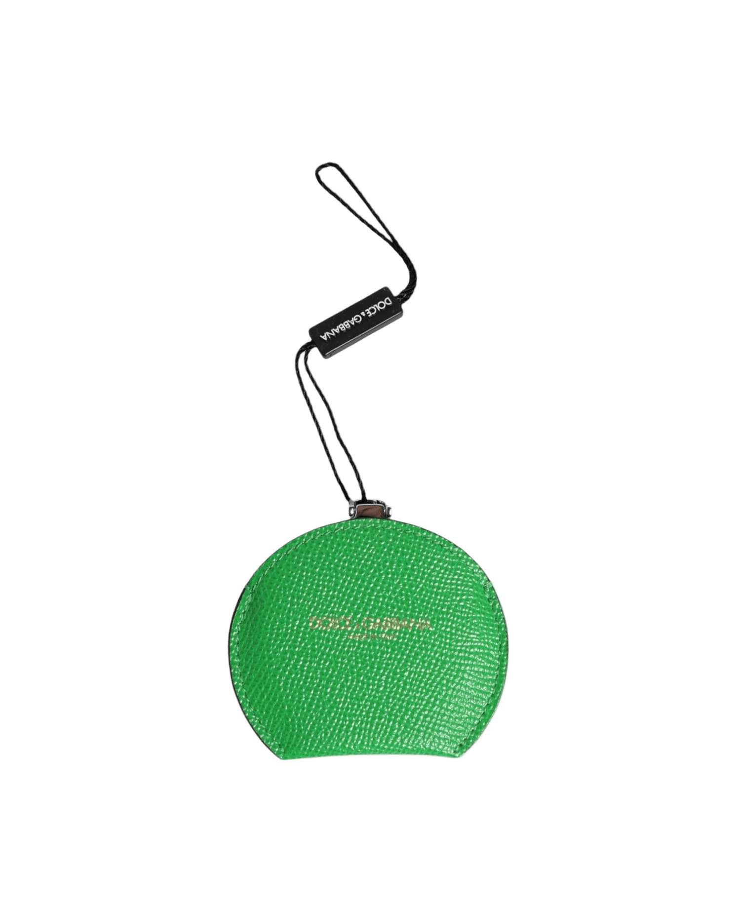 Dolce & Gabbana Green Leather Calfskin Round Logo Hand Mirror Holder Face Mirrors