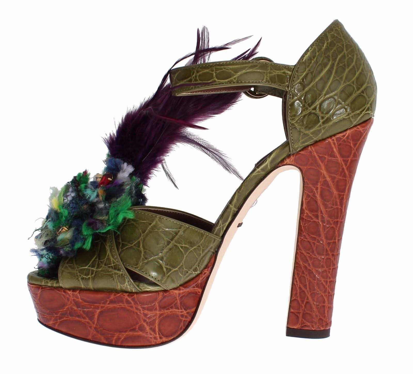 Dolce & Gabbana Green Leather Crystal Platform Sandals Heels