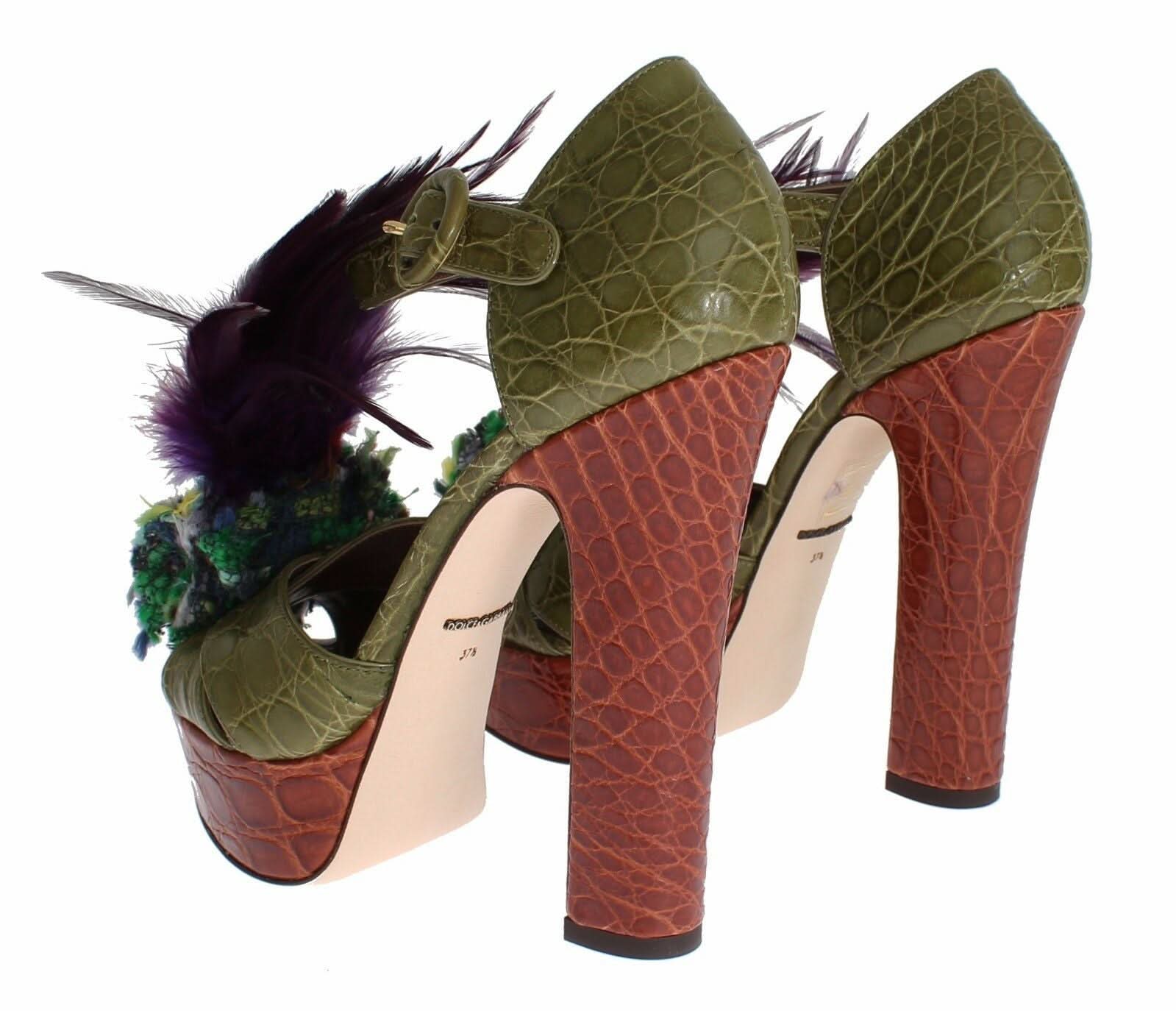 Dolce & Gabbana Green Leather Crystal Platform Sandals Heels