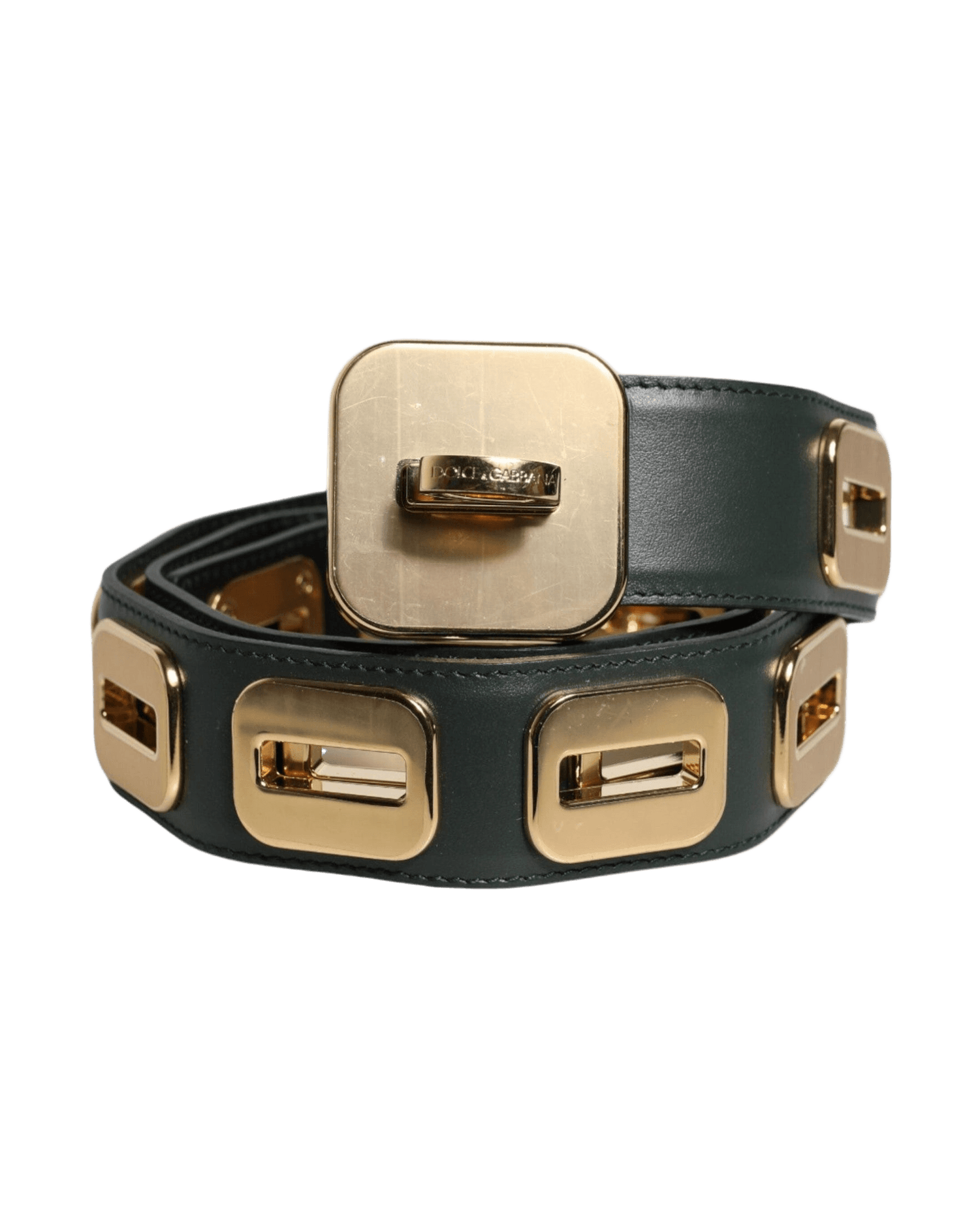Dolce & Gabbana Green Leather Gold Tone Rotating Buckle Belt Glam Steals