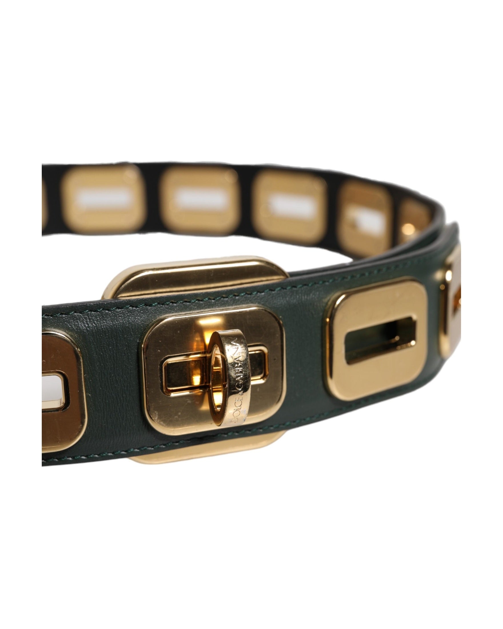 Dolce & Gabbana Green Leather Gold Tone Rotating Buckle Belt Glam Steals