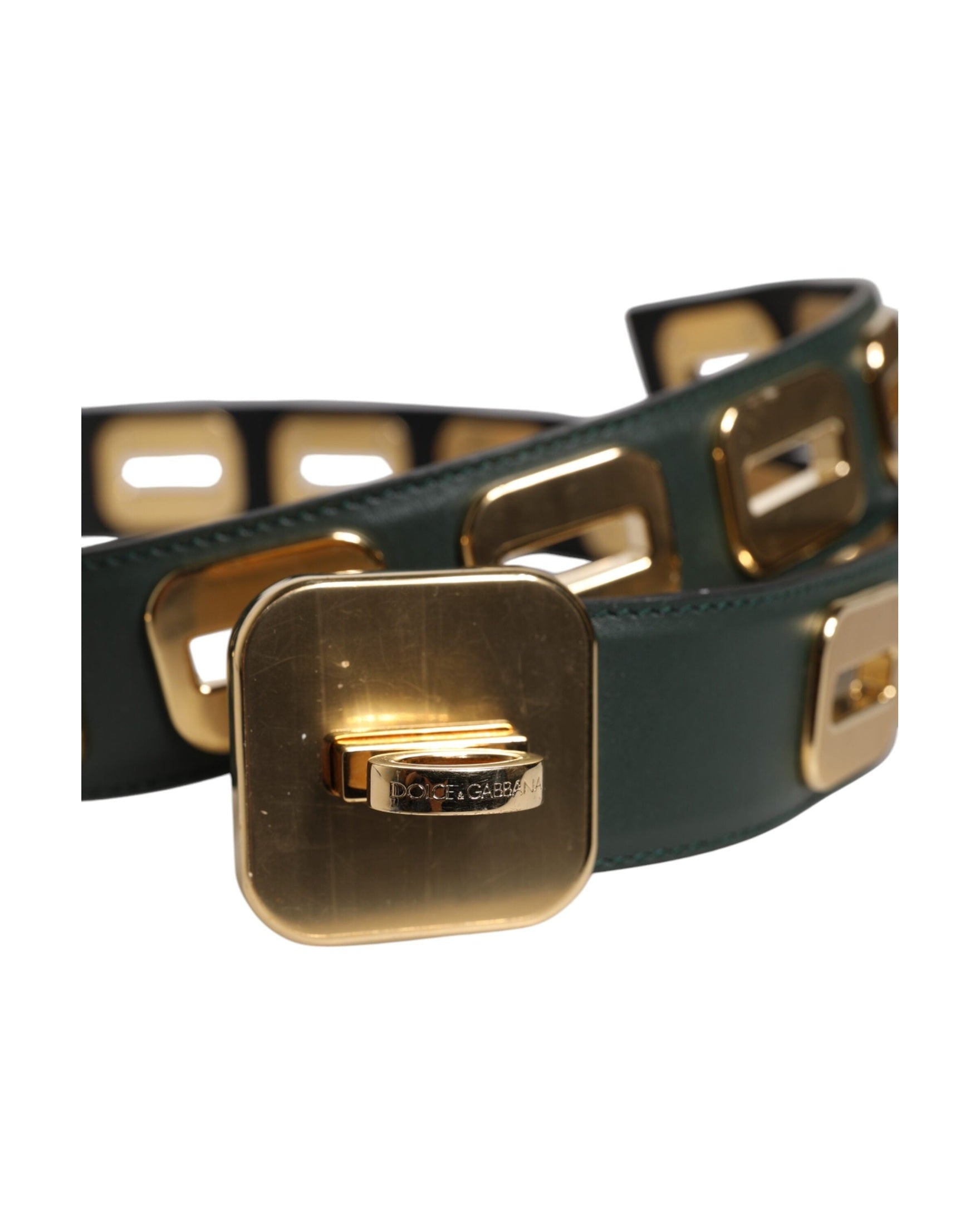 Dolce & Gabbana Green Leather Gold Tone Rotating Buckle Belt Glam Steals