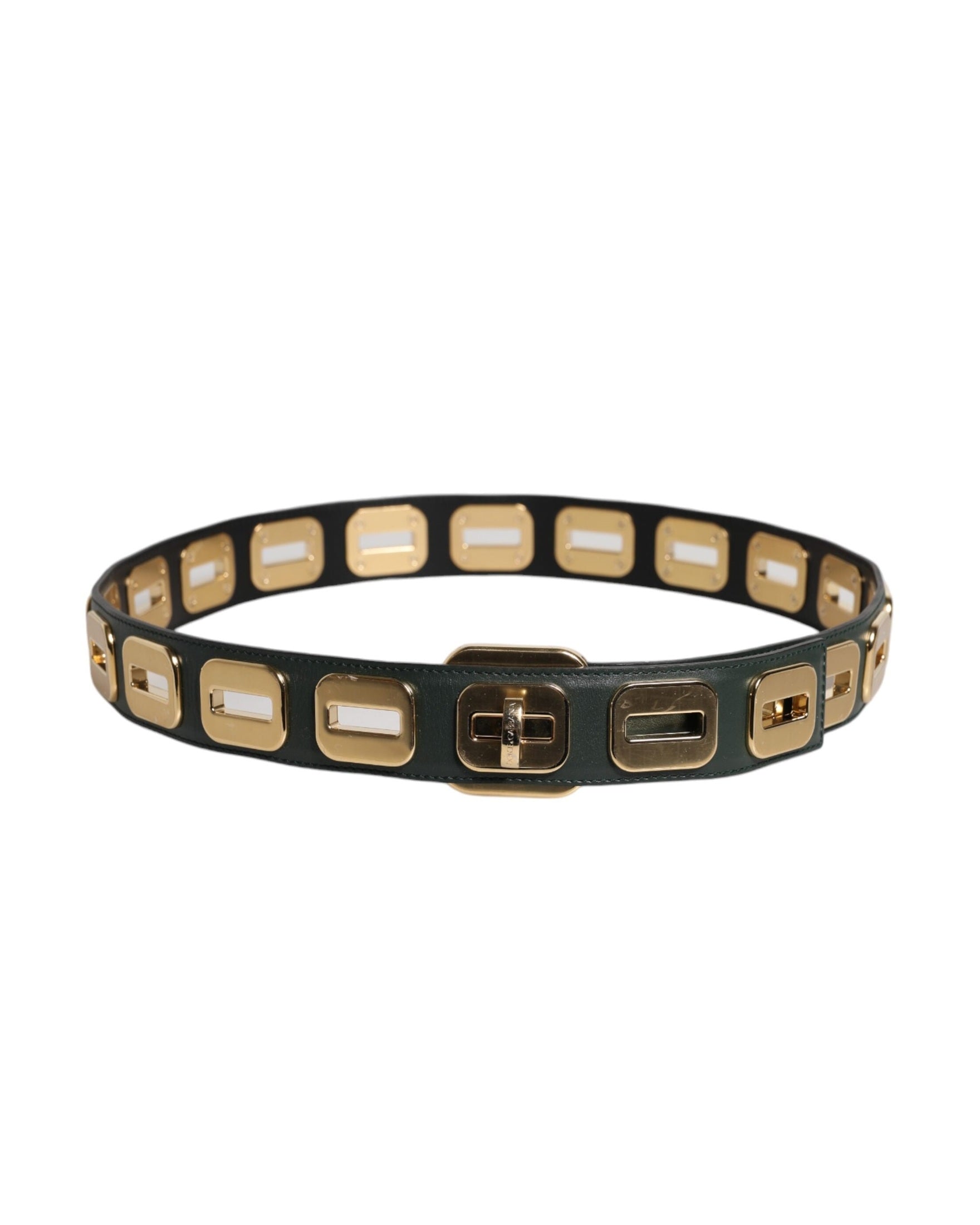 Dolce & Gabbana Green Leather Gold Tone Rotating Buckle Belt Glam Steals