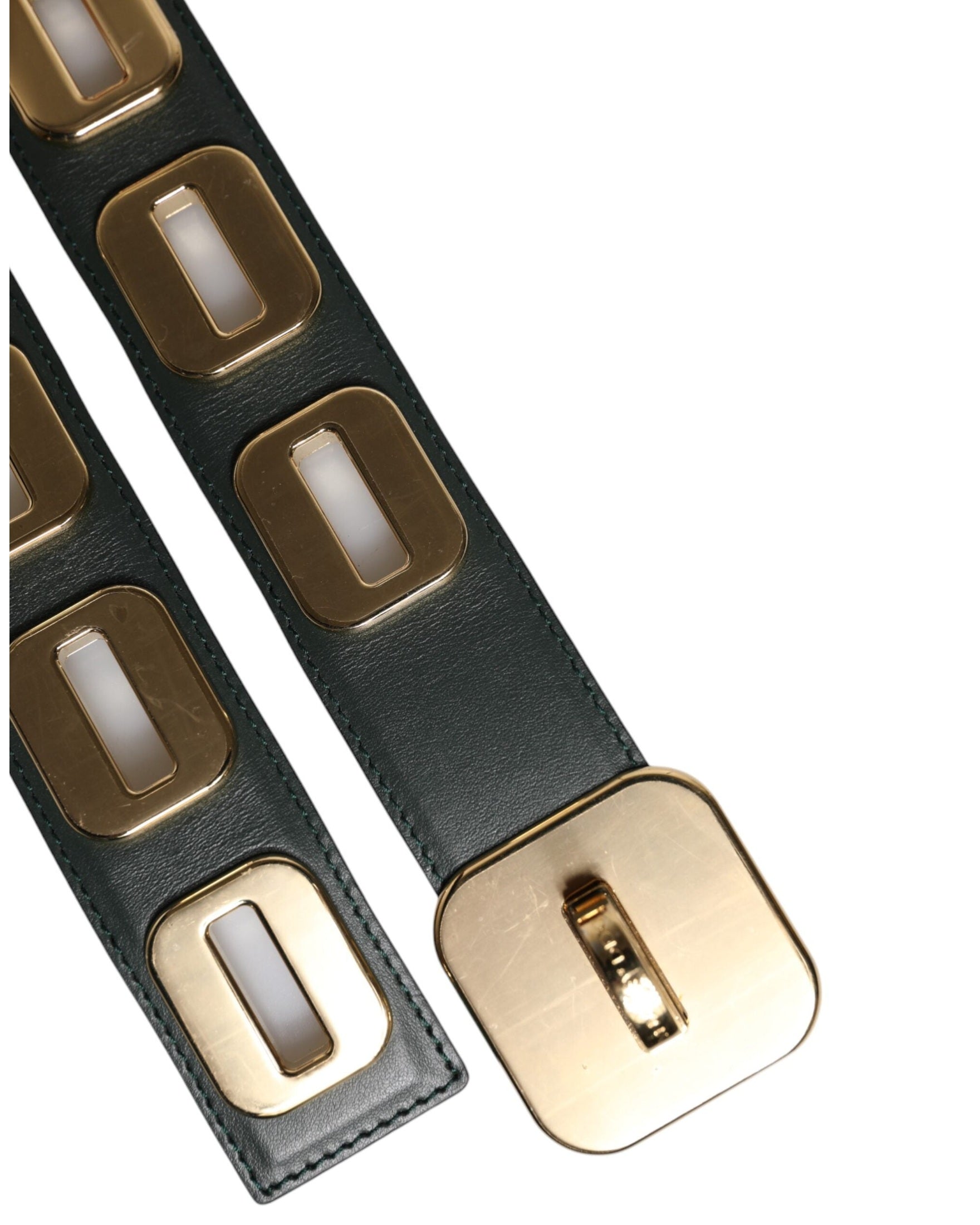 Dolce & Gabbana Green Leather Gold Tone Rotating Buckle Belt Glam Steals