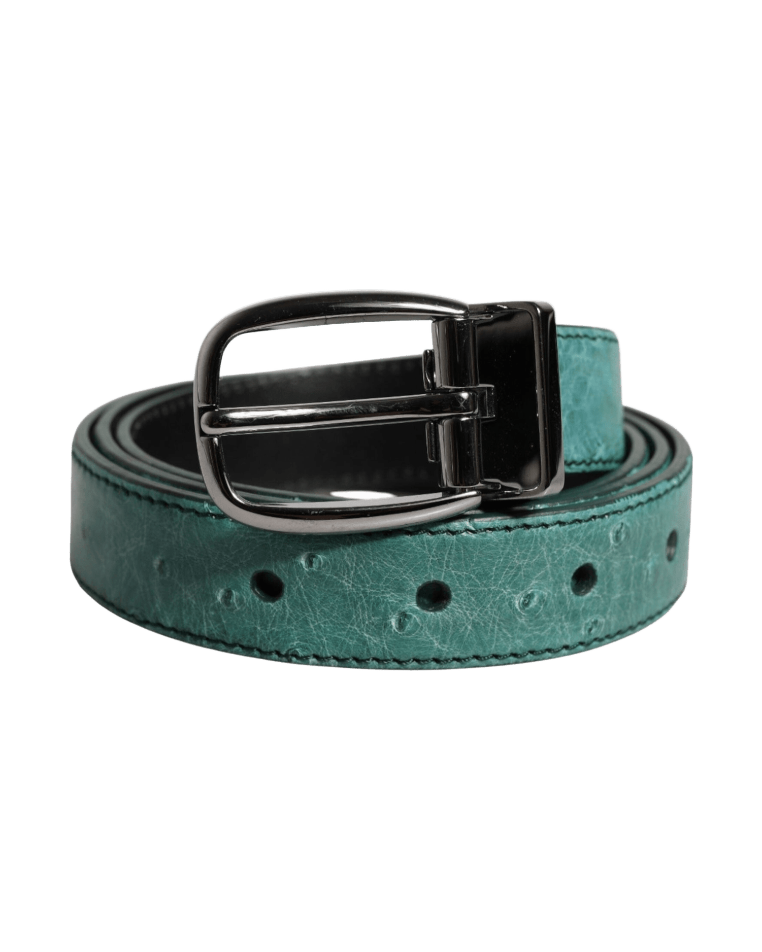 Dolce & Gabbana Green Leather Ostrich Silver Metal Buckle Belt Glam Steals