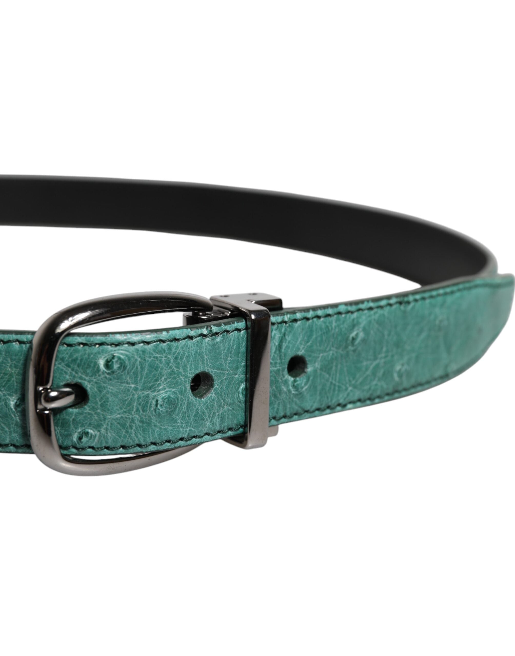 Dolce & Gabbana Green Leather Ostrich Silver Metal Buckle Belt Glam Steals