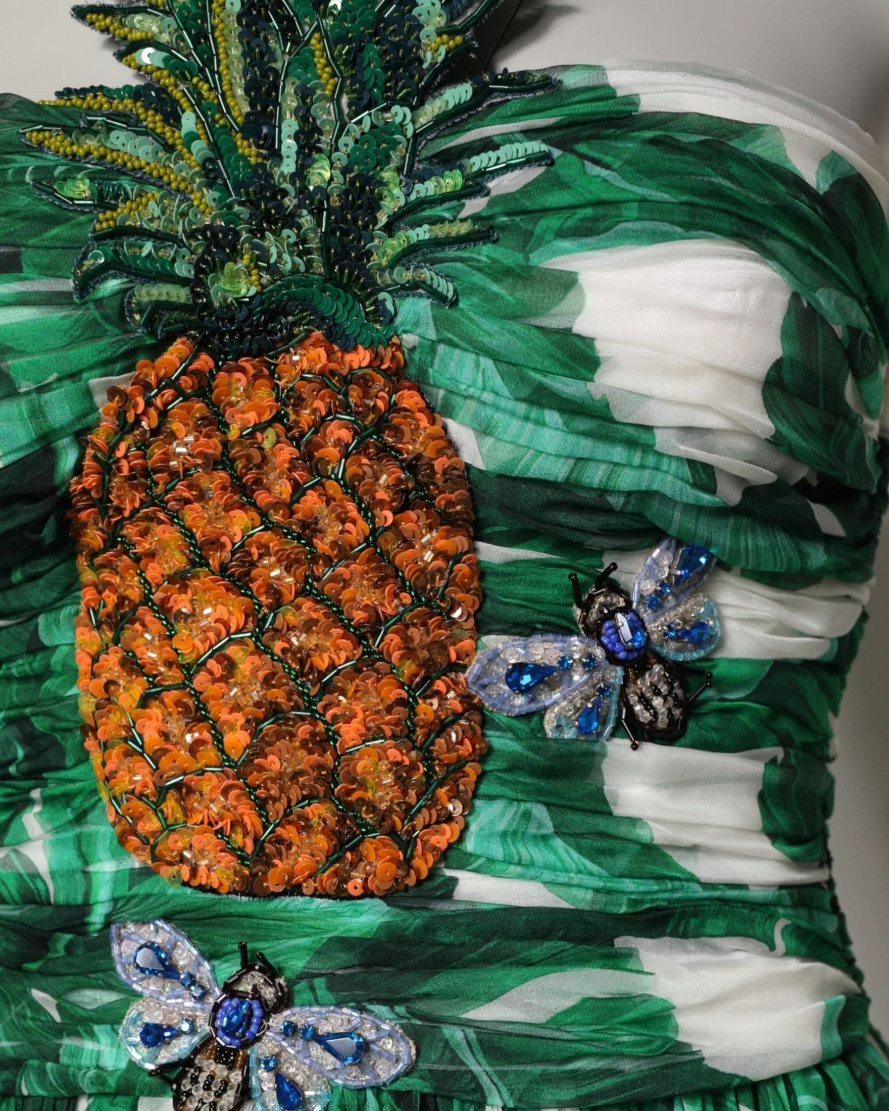 Dolce & Gabbana Green Pineapple Embellished Bananaleaf Dress Dresses