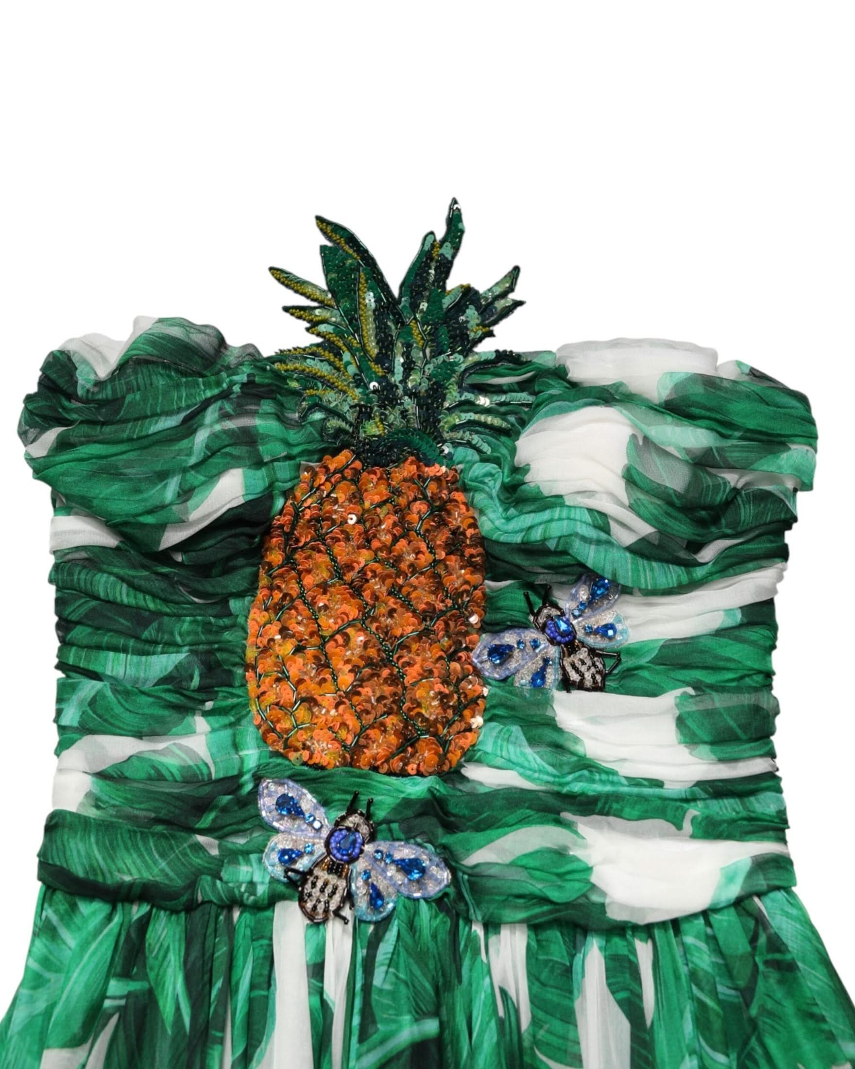 Dolce & Gabbana Green Pineapple Embellished Bananaleaf Dress Dresses