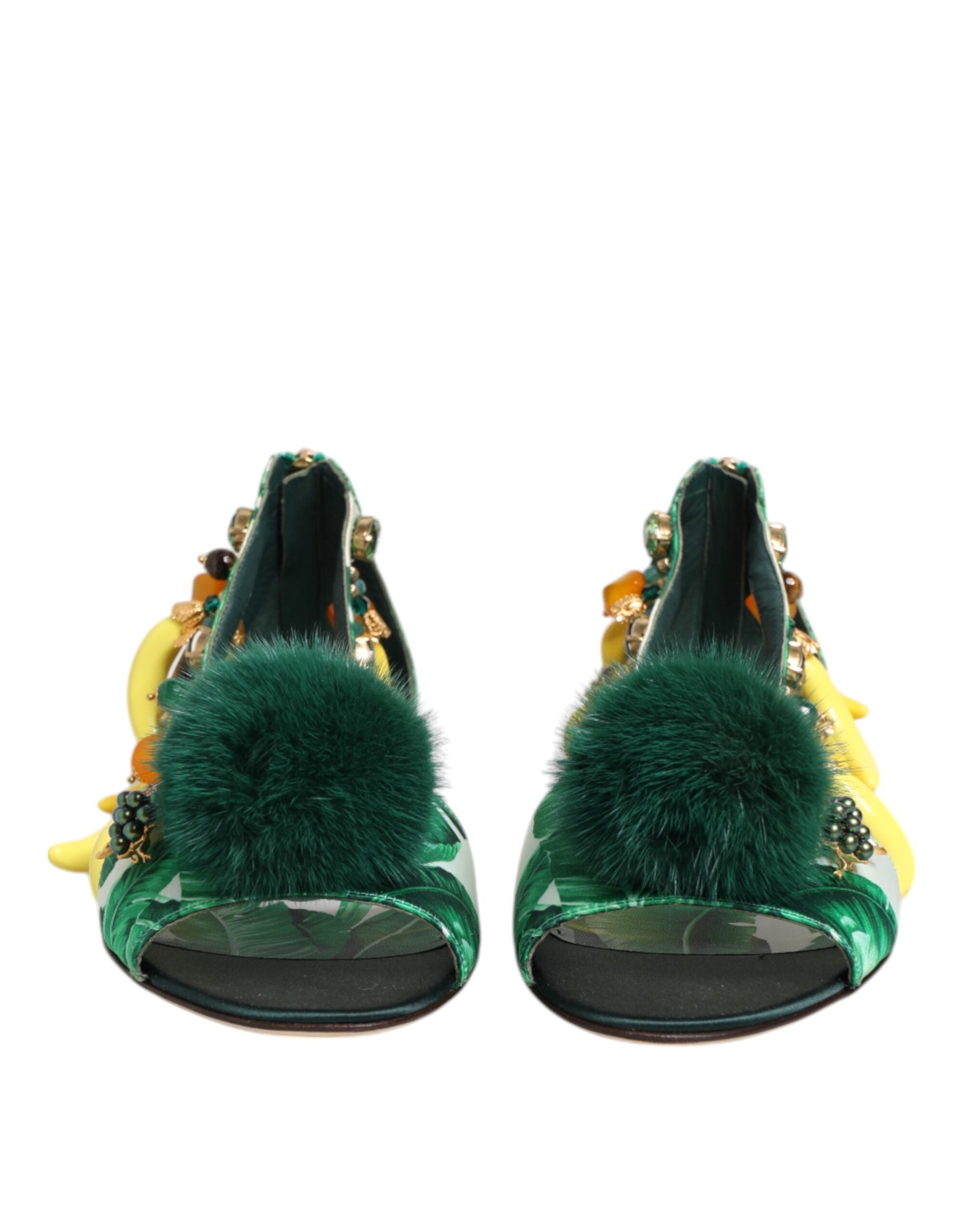 Dolce & Gabbana Green Satin Mink Fur Banana Leaf Sandals Shoes Glam Steals