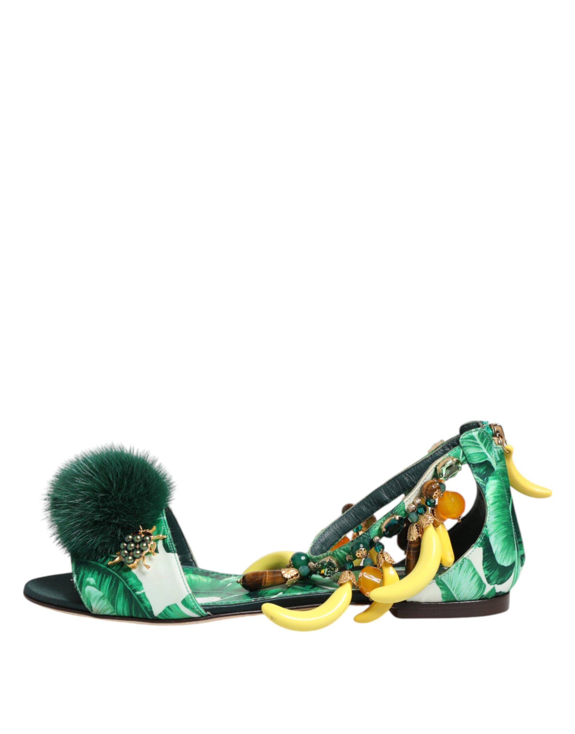 Dolce & Gabbana Green Satin Mink Fur Banana Leaf Sandals Shoes Glam Steals