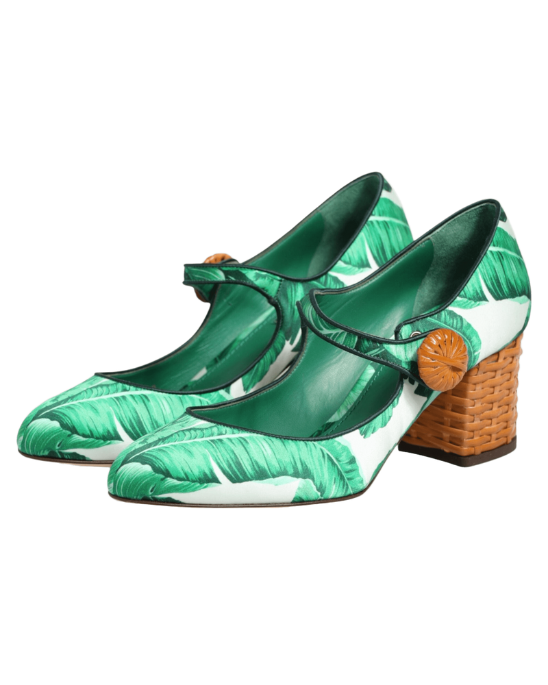 Dolce & Gabbana Green Silk Mary Janes Leaf Sandals Shoes Glam Steals
