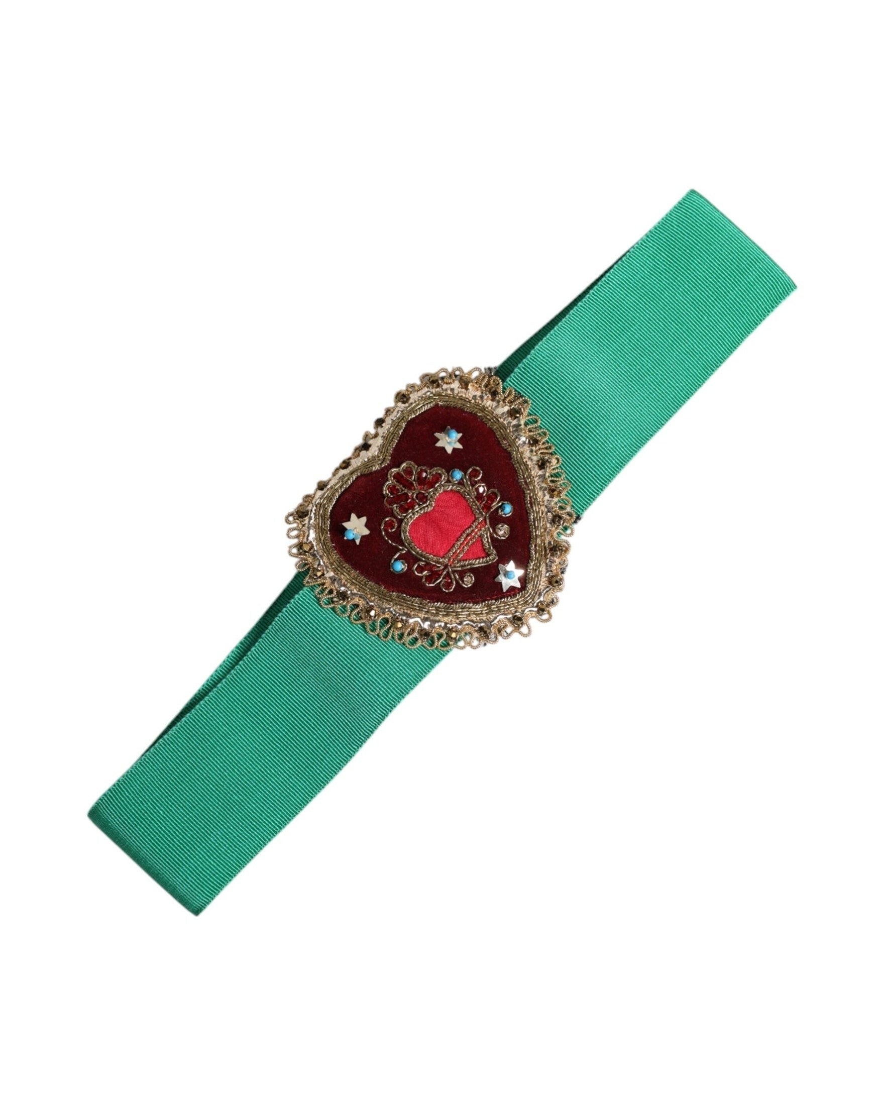 Dolce & Gabbana Green Stretch Wide Waist Heart Embellished Belt Glam Steals