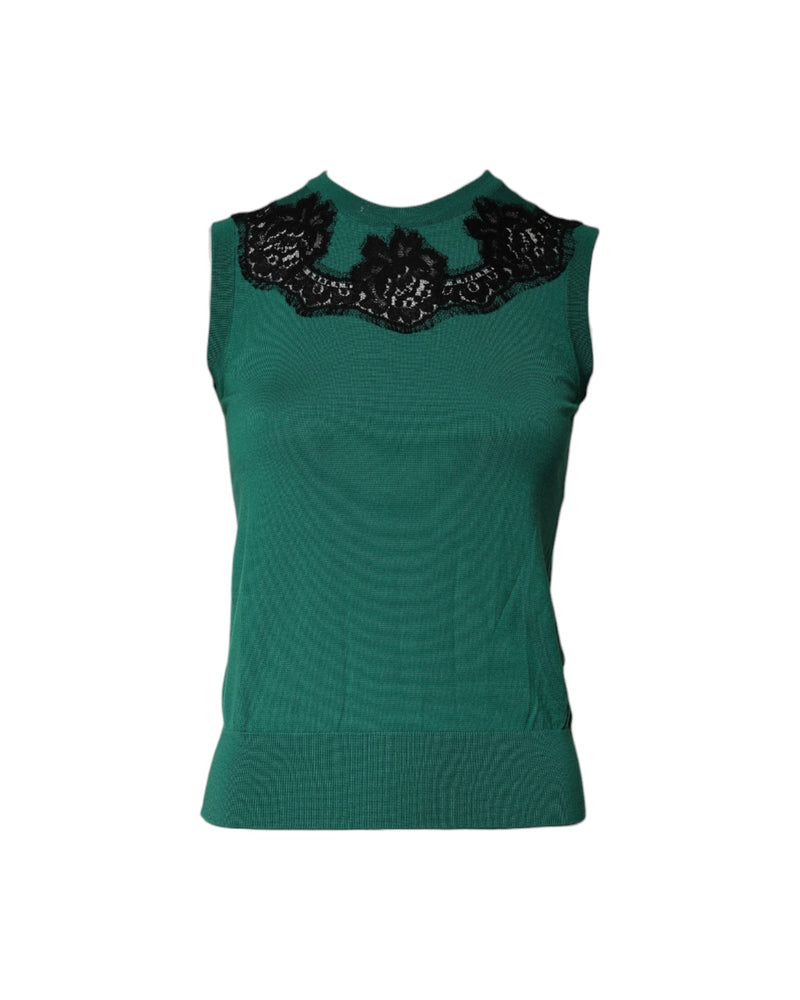 Dolce & Gabbana Green Wool Lace Detail Sleeveless Tank Top Glam Steals