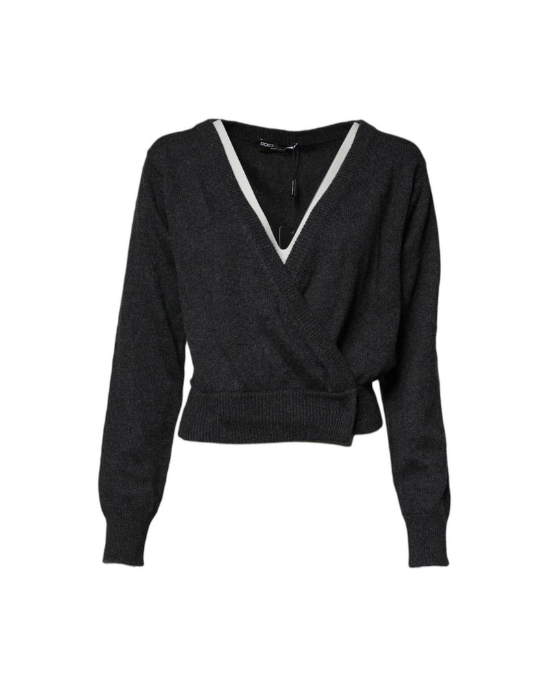 Dolce & Gabbana Grey Cashmere Deep V Neck Pullover Sweater Sweaters