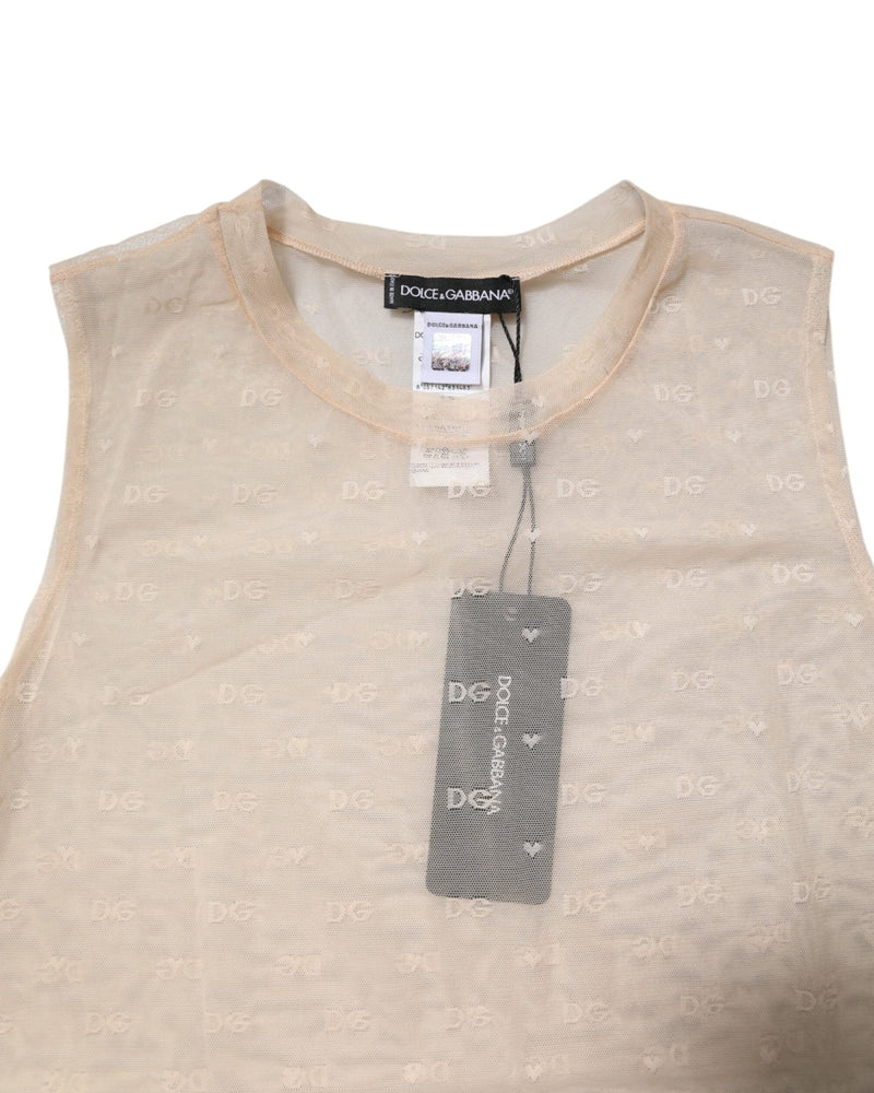 Dolce & Gabbana Ivory Nylon Logo See Through Sleeveless Tank Top Glam Steals