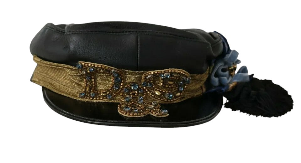 Dolce & Gabbana Leather Crystal Beads Ribbon Fiddler Black Gold Cap Glam Steals
