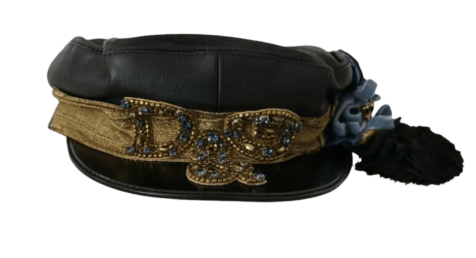 Dolce & Gabbana Leather Crystal Beads Ribbon Fiddler Black Gold Cap Glam Steals