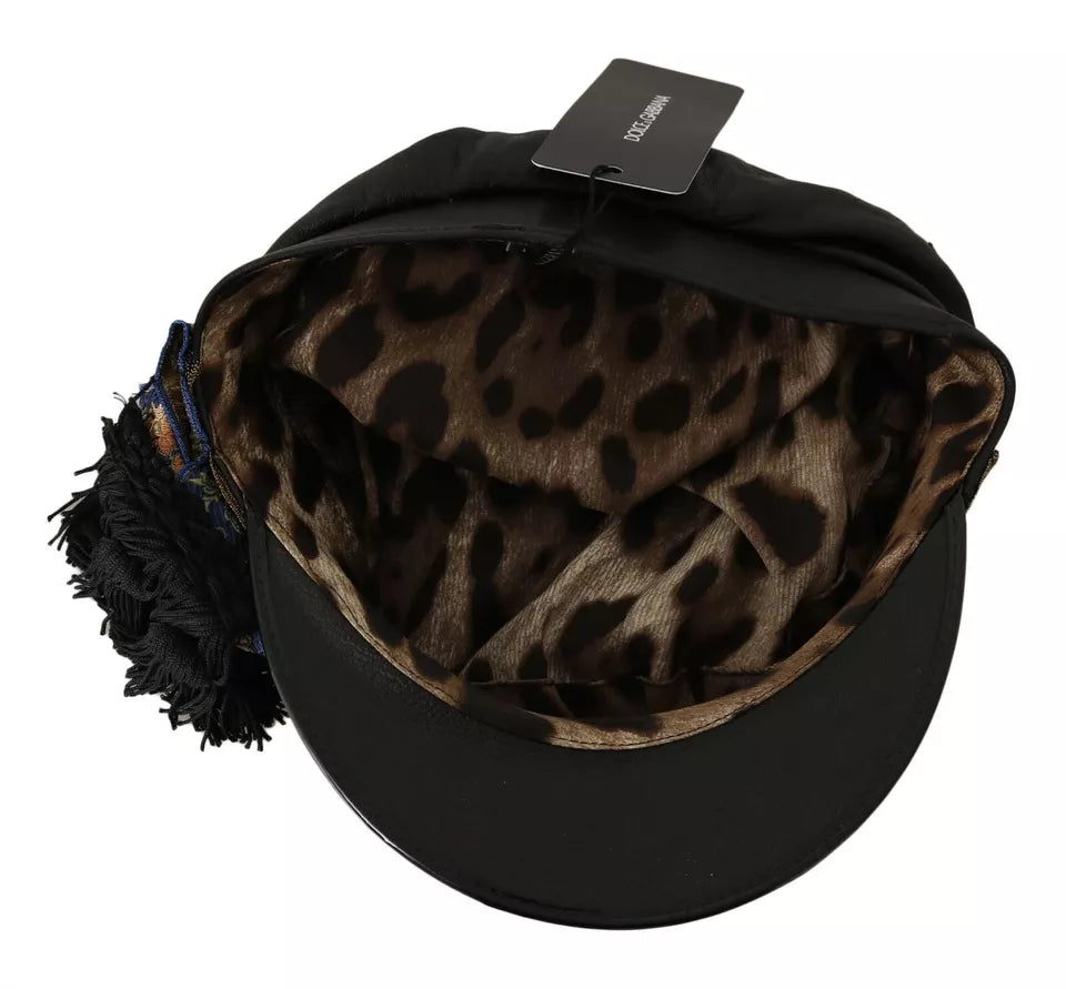 Dolce & Gabbana Leather Crystal Beads Ribbon Fiddler Black Gold Cap Glam Steals