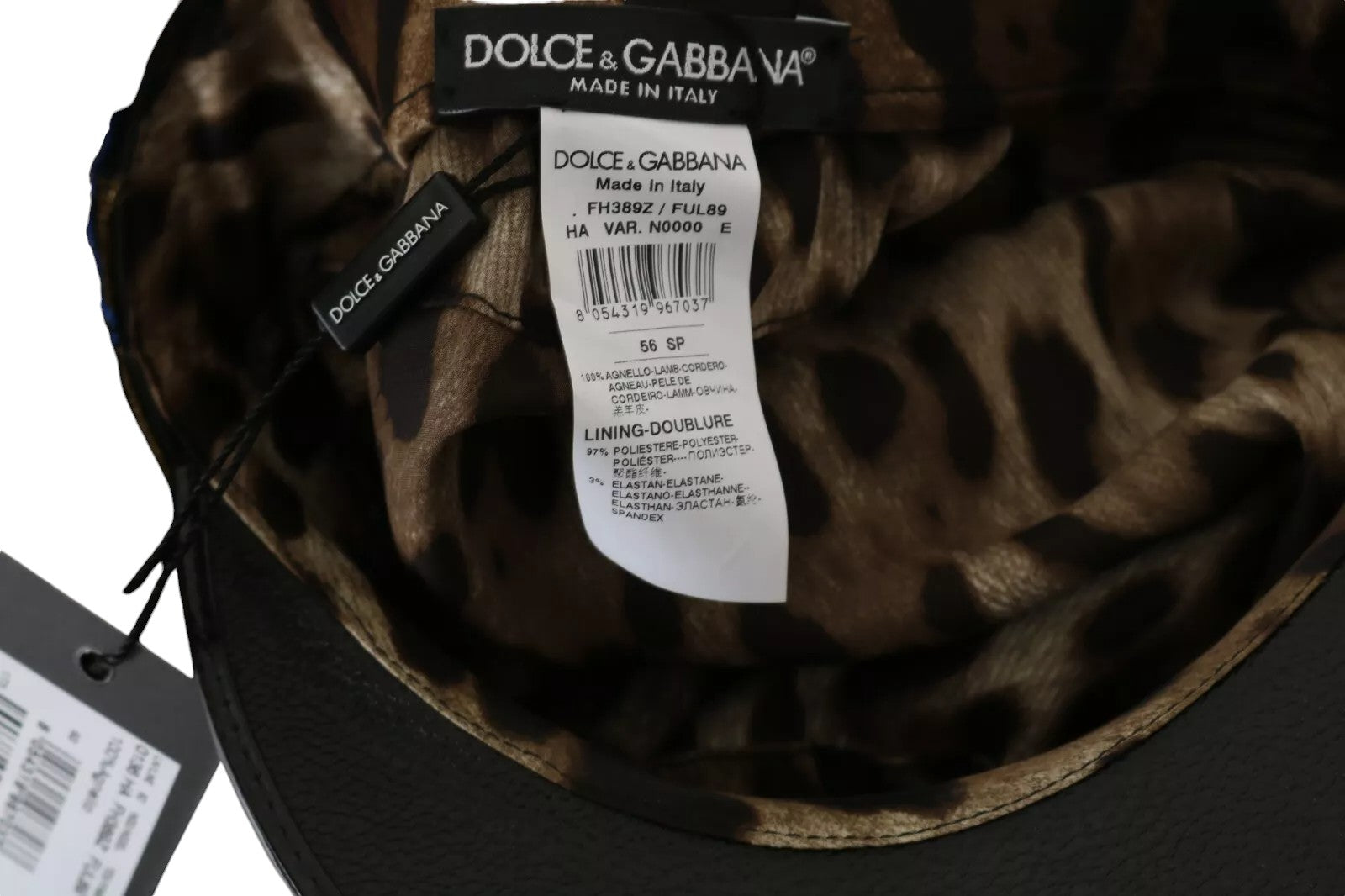 Dolce & Gabbana Leather Crystal Beads Ribbon Fiddler Black Gold Cap Glam Steals