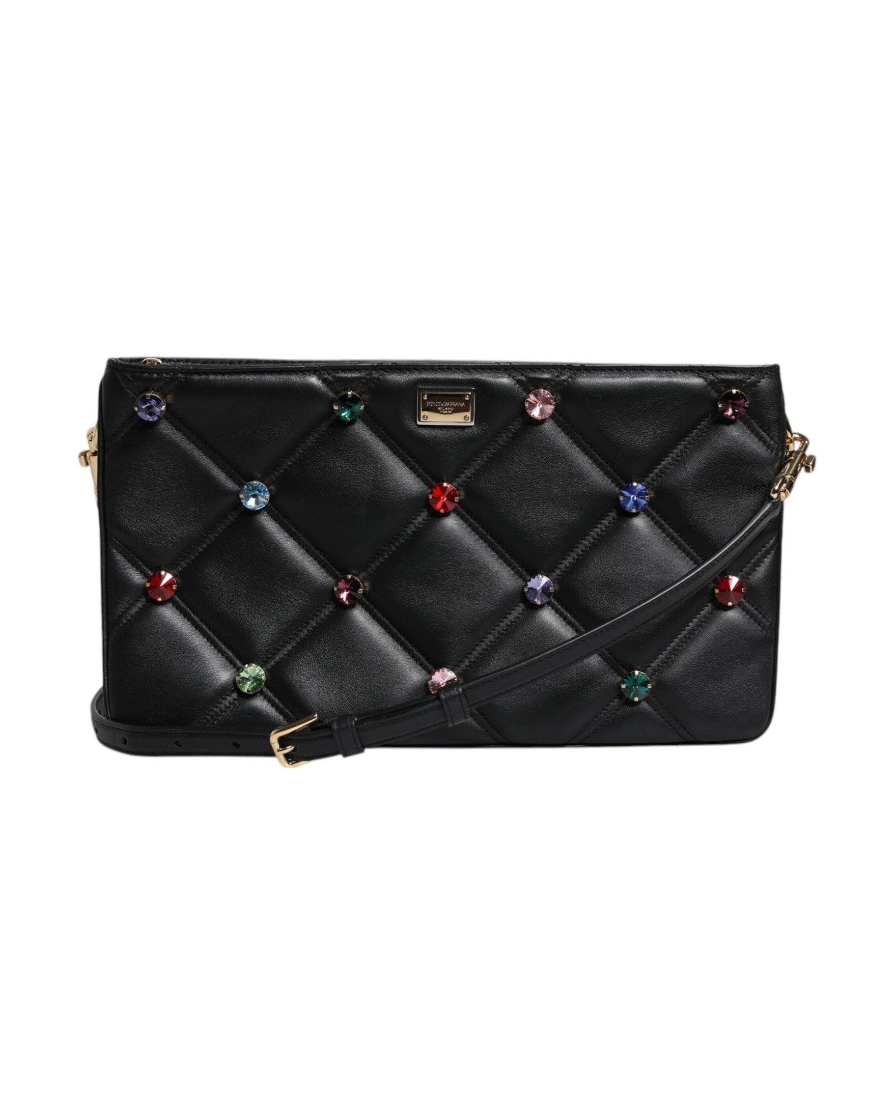 Dolce & Gabbana Leather Crystal Embellished Logo Shoulder Black Bag Glam Steals