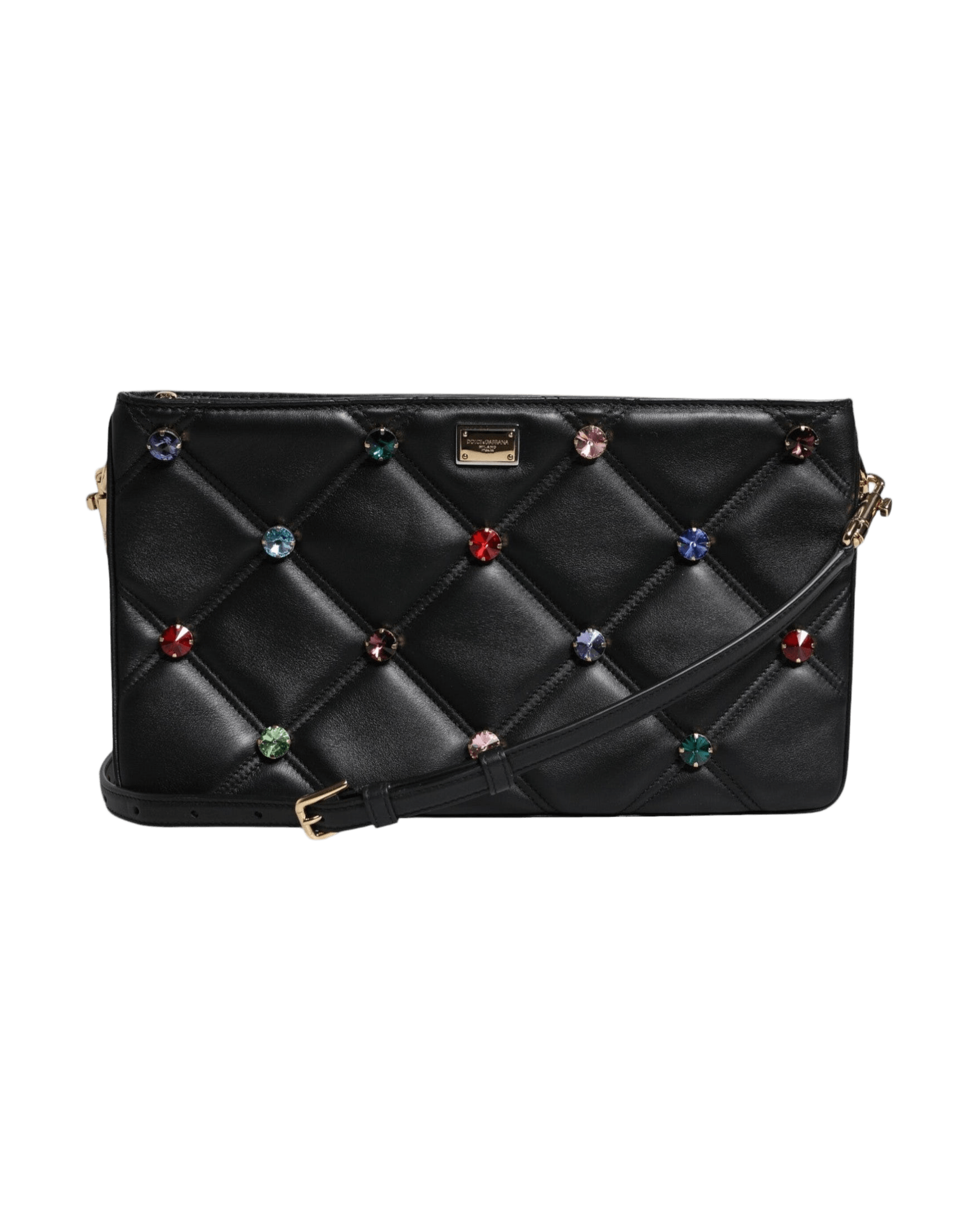 Dolce & Gabbana Leather Crystal Embellished Logo Shoulder Black Bag Glam Steals