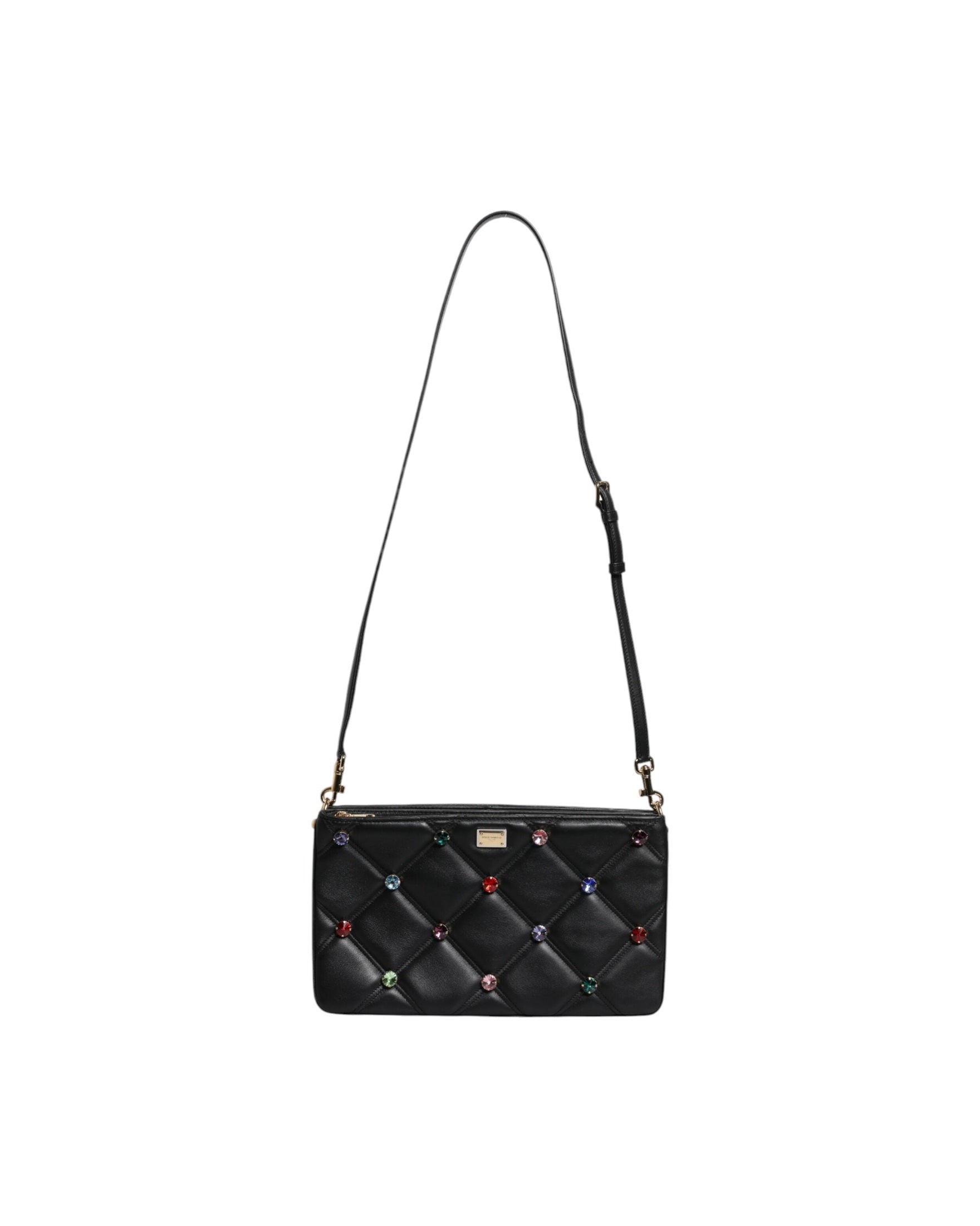 Dolce & Gabbana Leather Crystal Embellished Logo Shoulder Black Bag Glam Steals