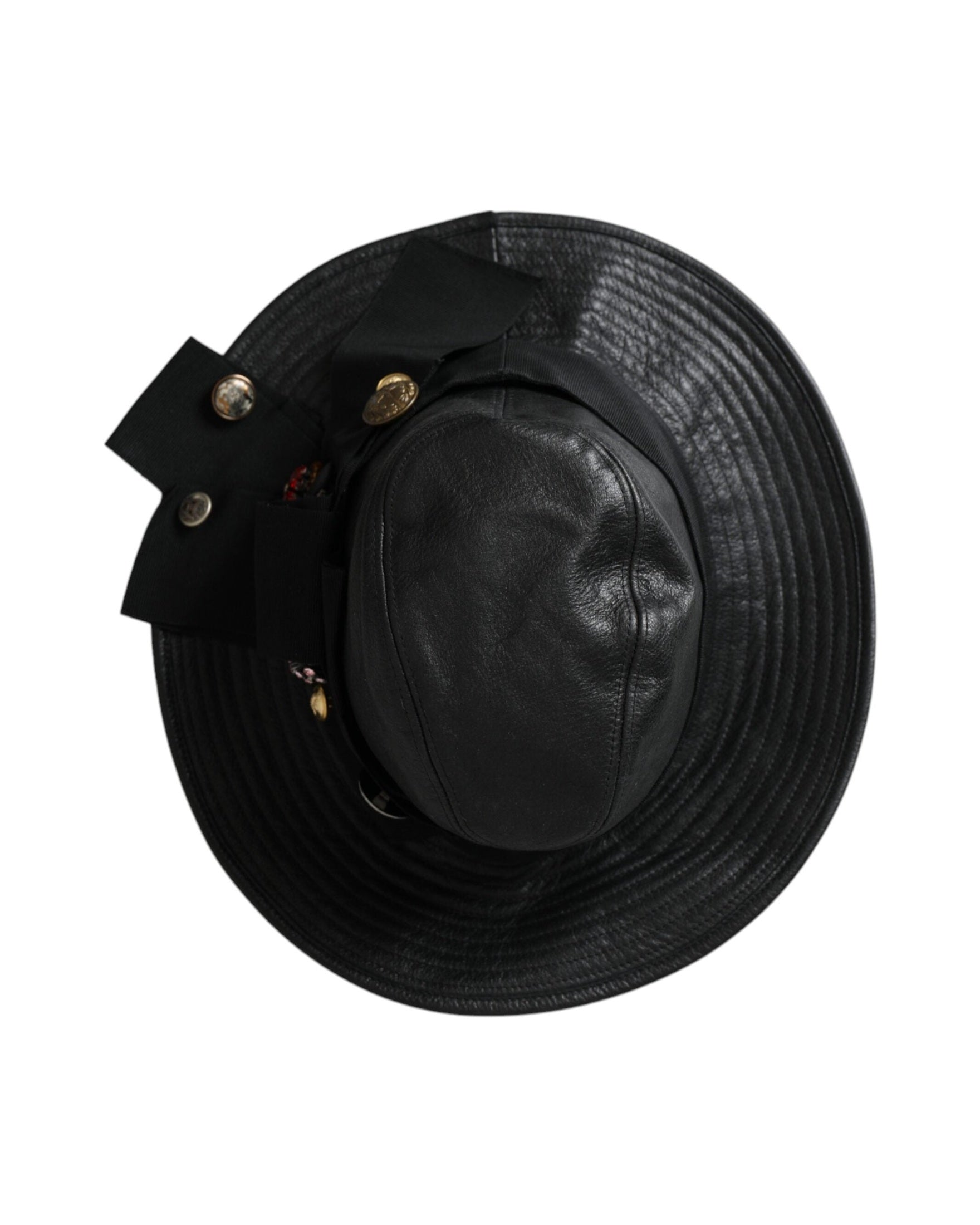 Dolce & Gabbana Leather Dg Coin Crystal Wide Brim Black Hat Glam Steals