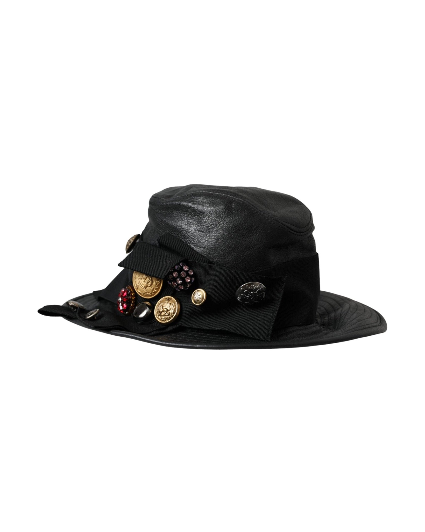 Dolce & Gabbana Leather Dg Coin Crystal Wide Brim Black Hat Glam Steals