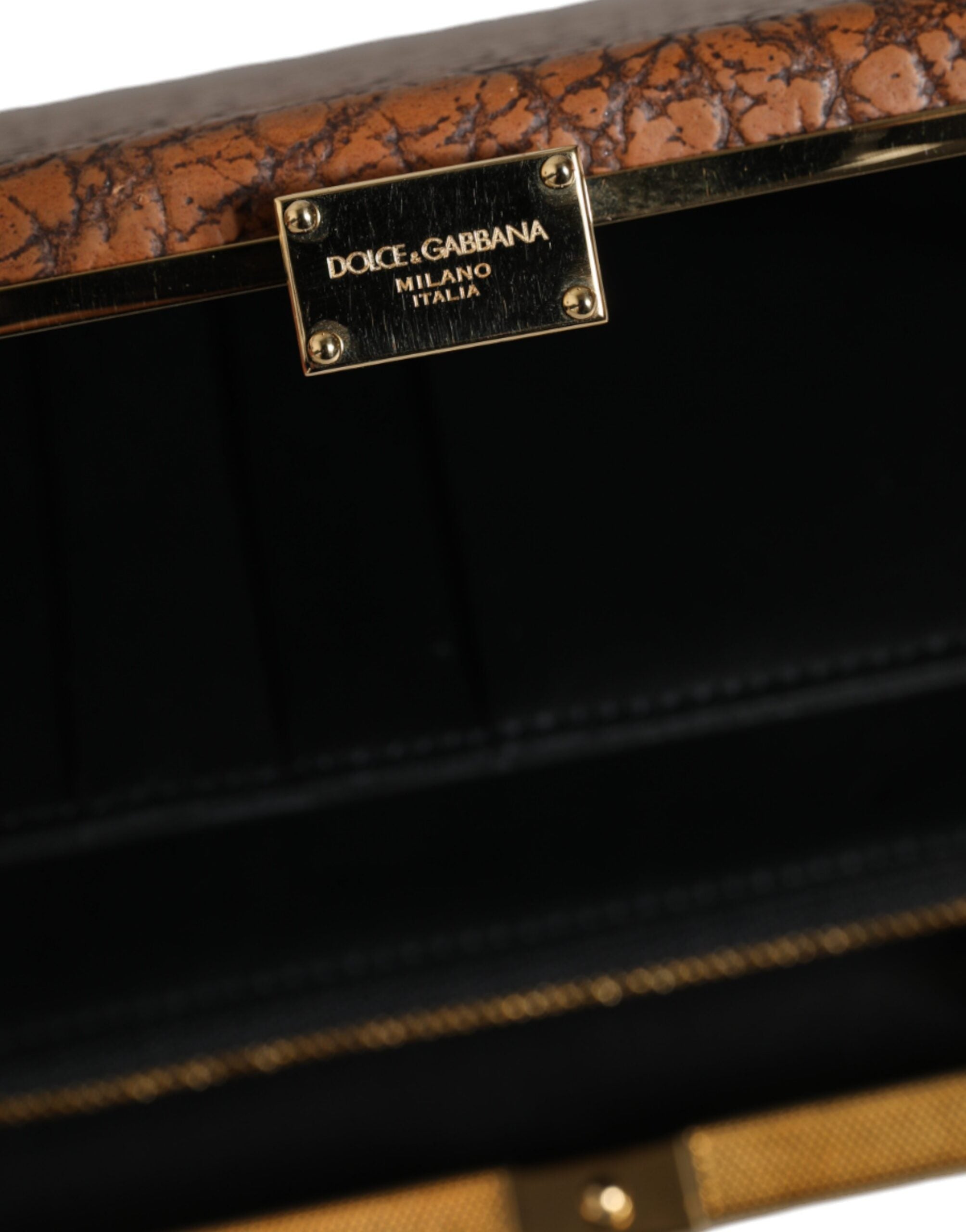 Dolce & Gabbana Leather Frame Clutch Mini Crossbody Brown Gold Bag Glam Steals