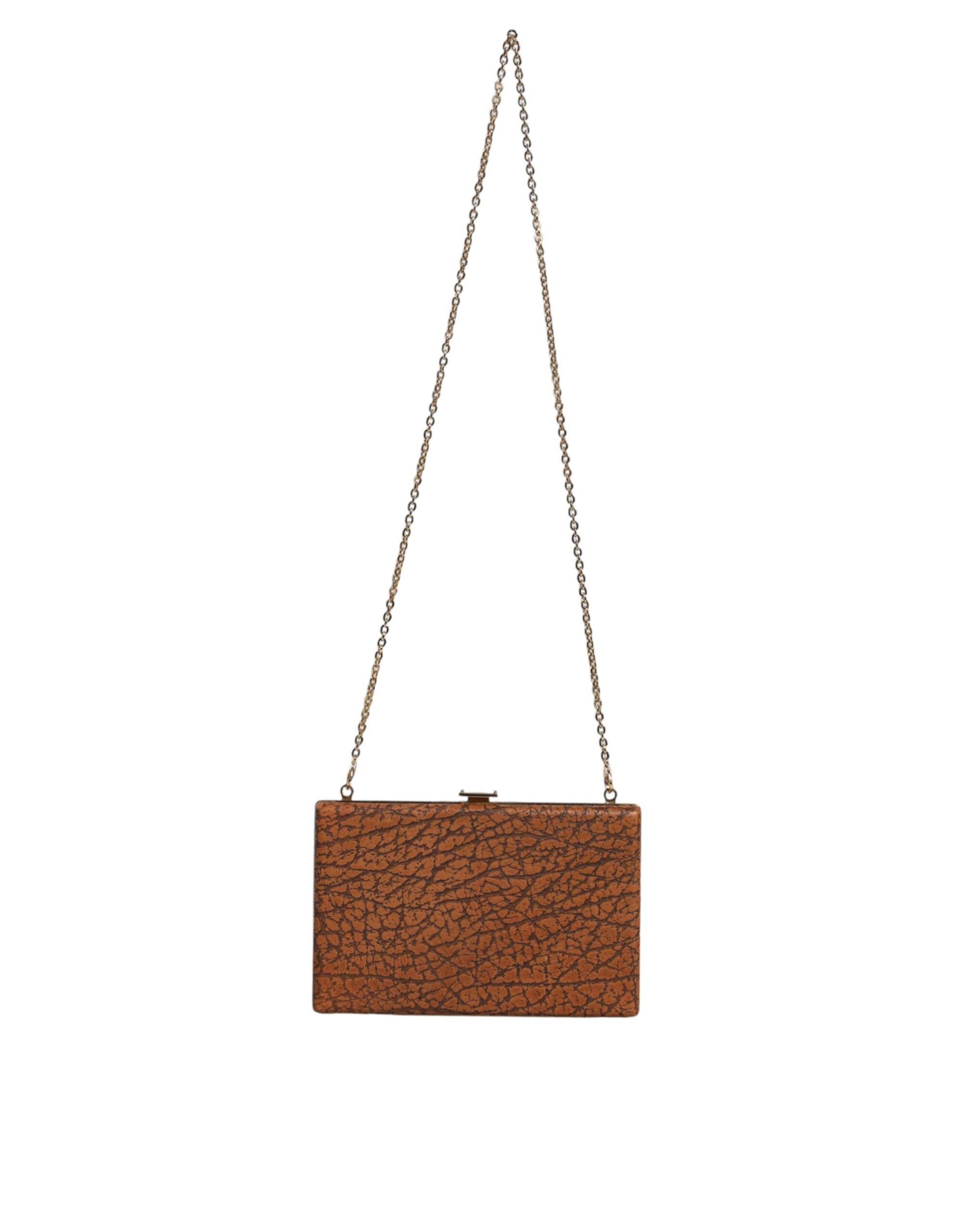 Dolce & Gabbana Leather Frame Clutch Mini Crossbody Brown Gold Bag Glam Steals