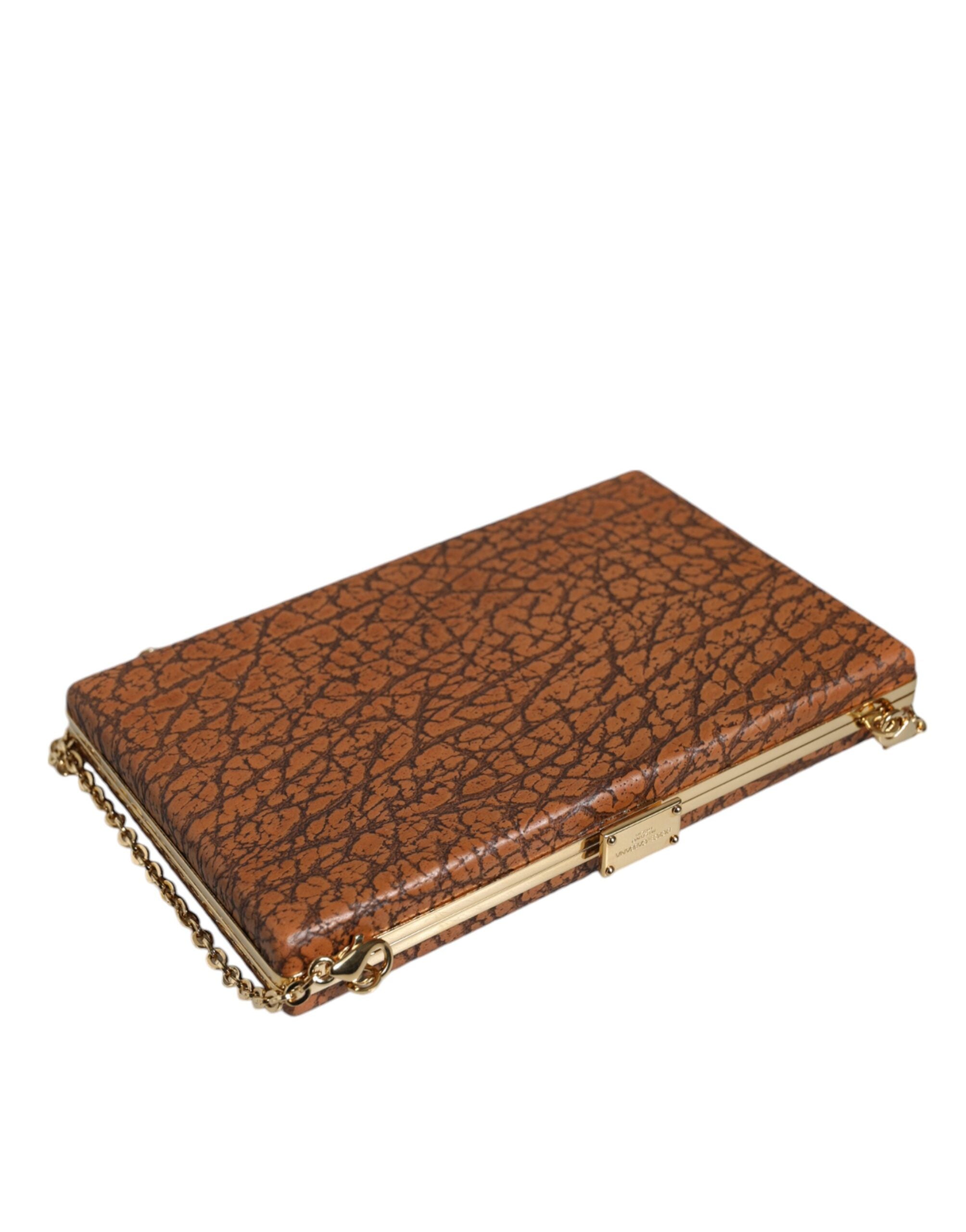 Dolce & Gabbana Leather Frame Clutch Mini Crossbody Brown Gold Bag Glam Steals